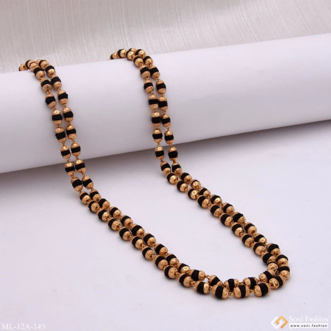 New 2 Line Unique Design Premium-grade Gold Plated Black Rudraksha Mala - Style A149 - Image 4