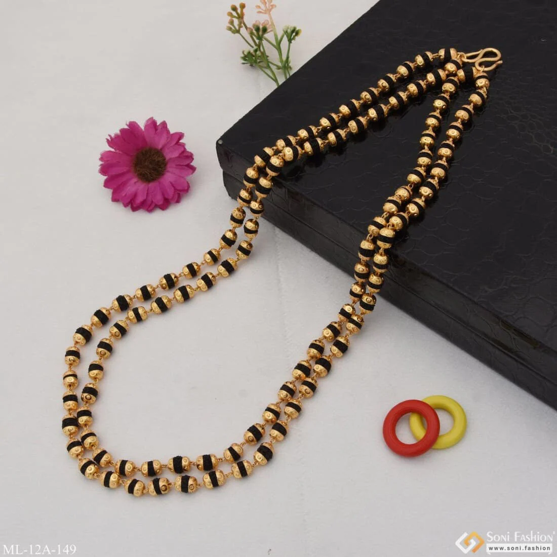 New 2 Line Unique Design Premium-grade Gold Plated Black Rudraksha Mala - Style A149 - Image 5