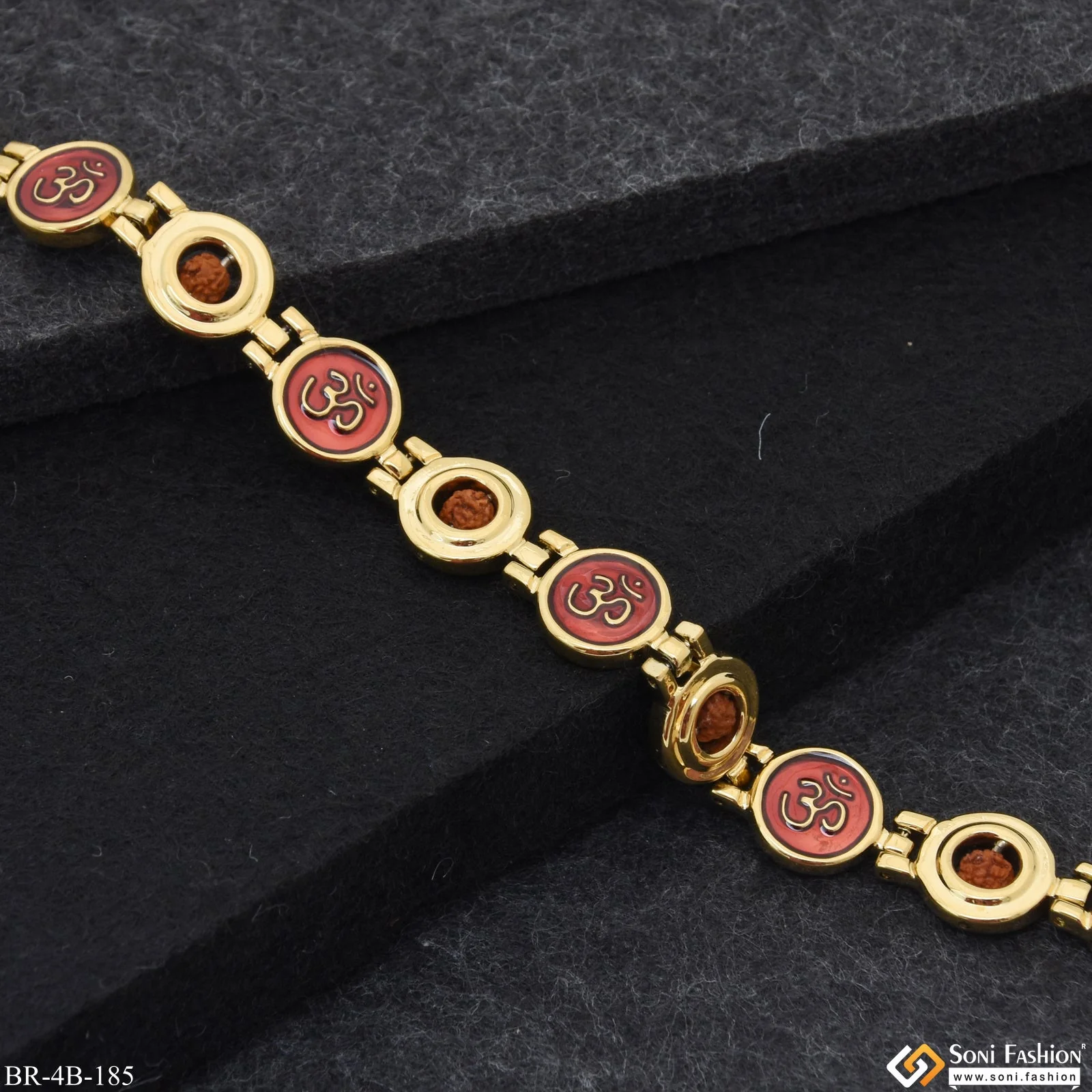 Om and Rudraksha in Round Shape Premium-Grade Quality Gold Plated Bracelet - Style B185 - Image 3
