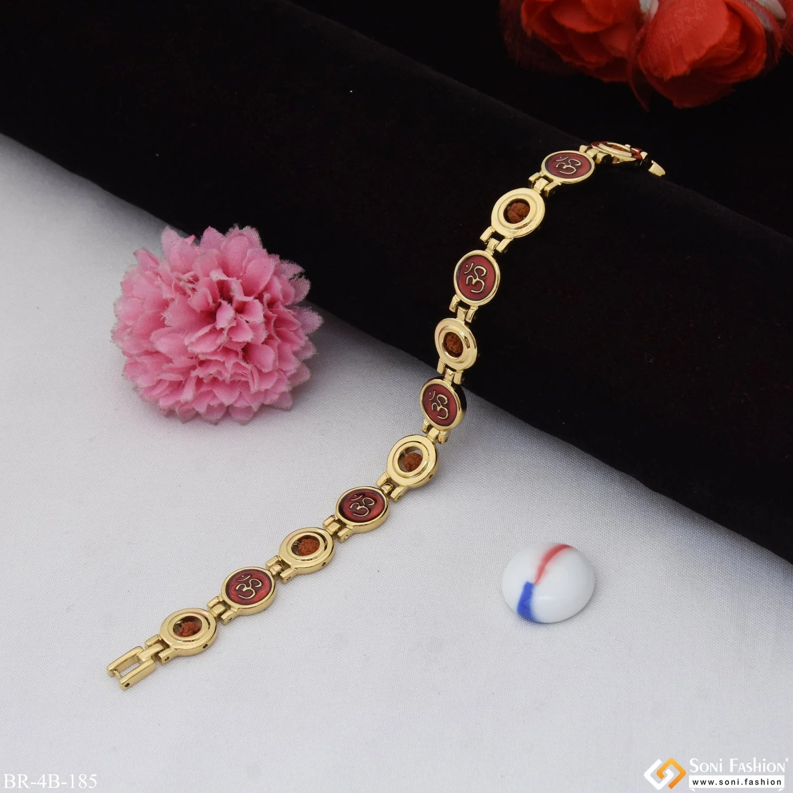 Om and Rudraksha in Round Shape Premium-Grade Quality Gold Plated Bracelet - Style B185 - Image 4