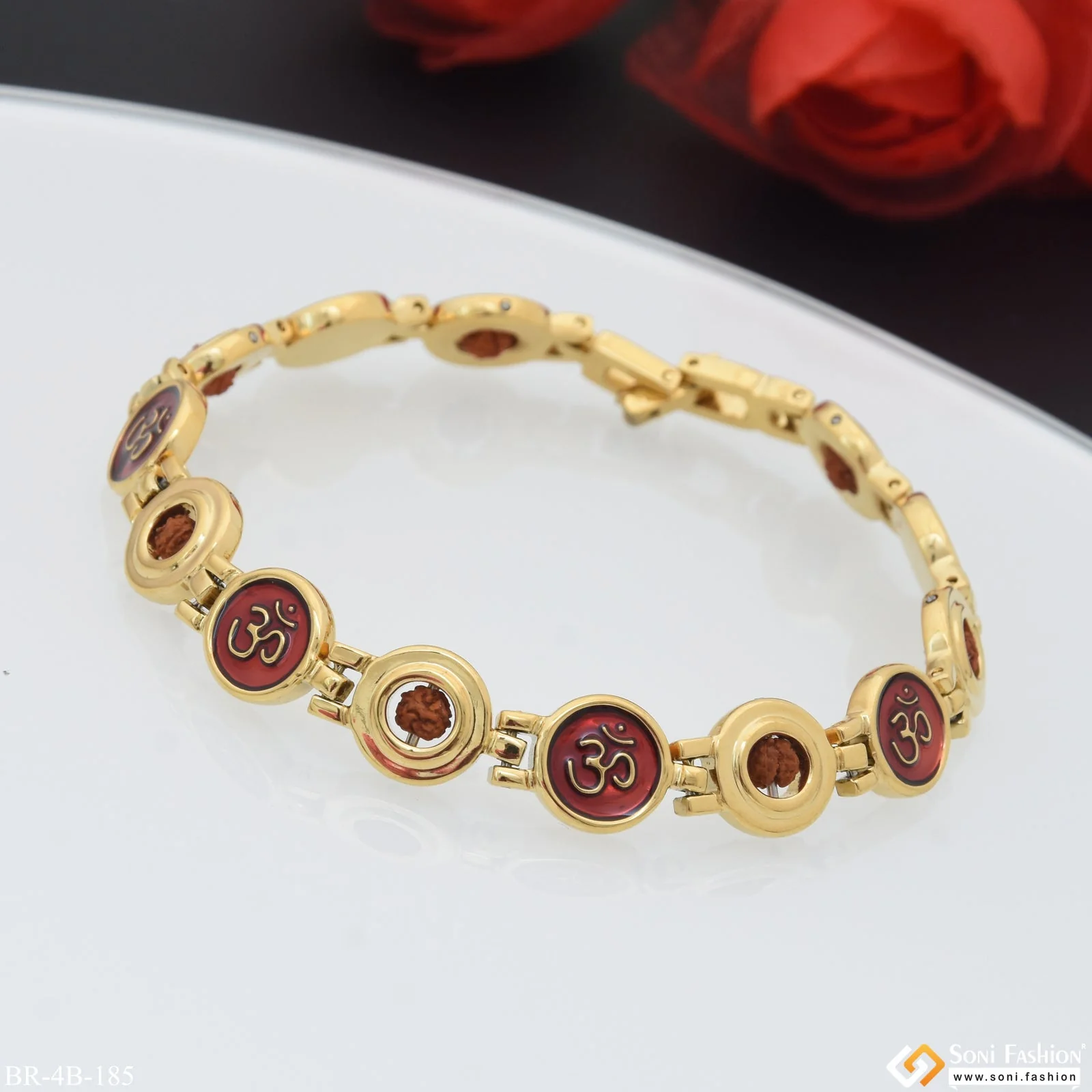 Om and Rudraksha in Round Shape Premium-Grade Quality Gold Plated Bracelet - Style B185 - Image 5