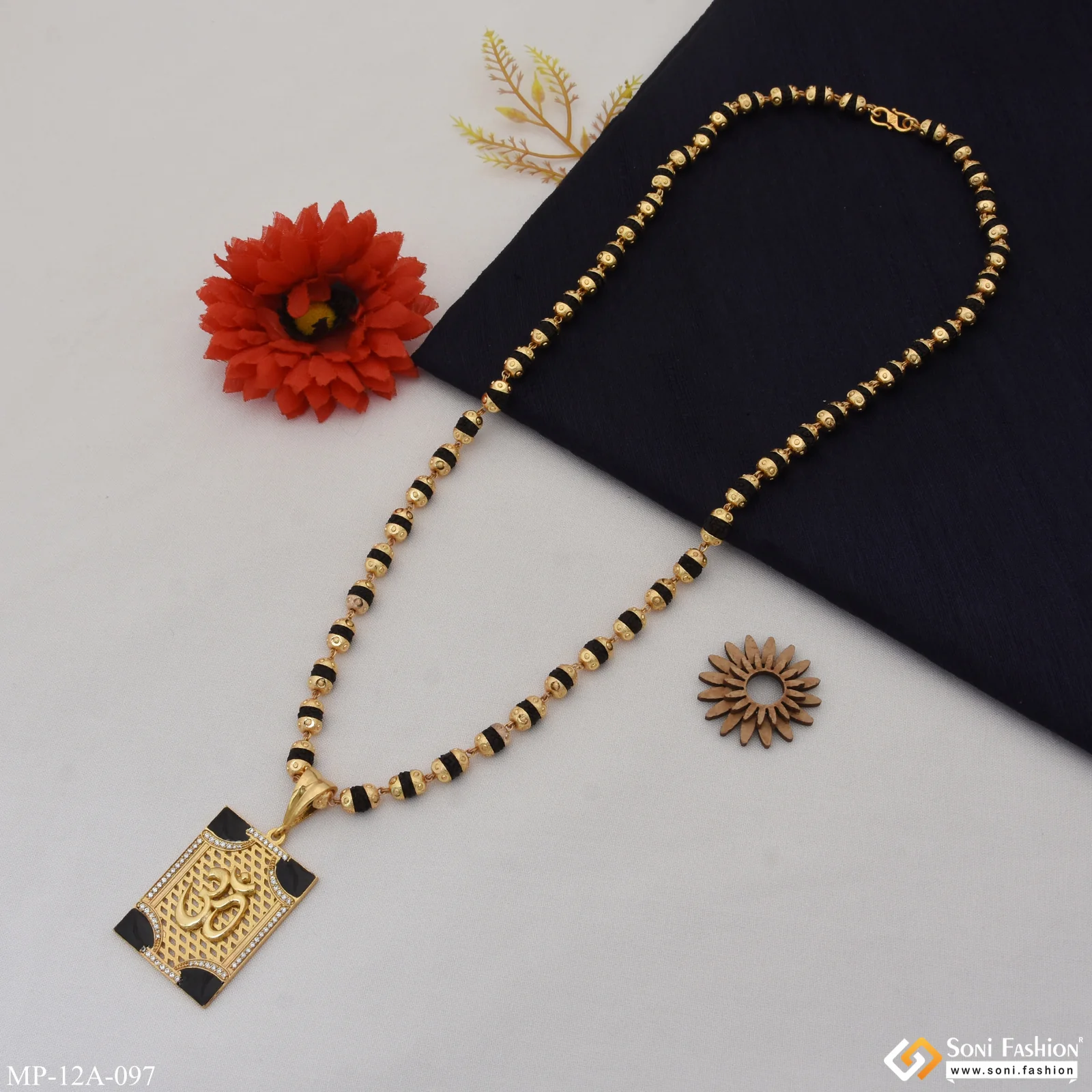Om Antique Design Gold Plated Rudraksha Mala with Pendant for Men - Style A097 - Image 3