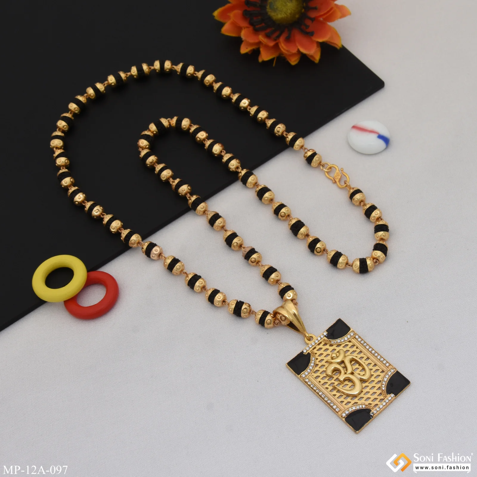 Om Antique Design Gold Plated Rudraksha Mala with Pendant for Men - Style A097 - Image 4