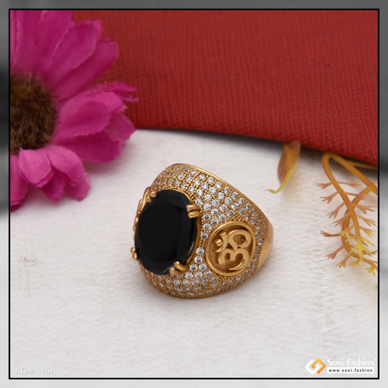 Black Stone with Diamond Sophisticated Design Gold Plated Ring for Men - Style A761 - Image 6