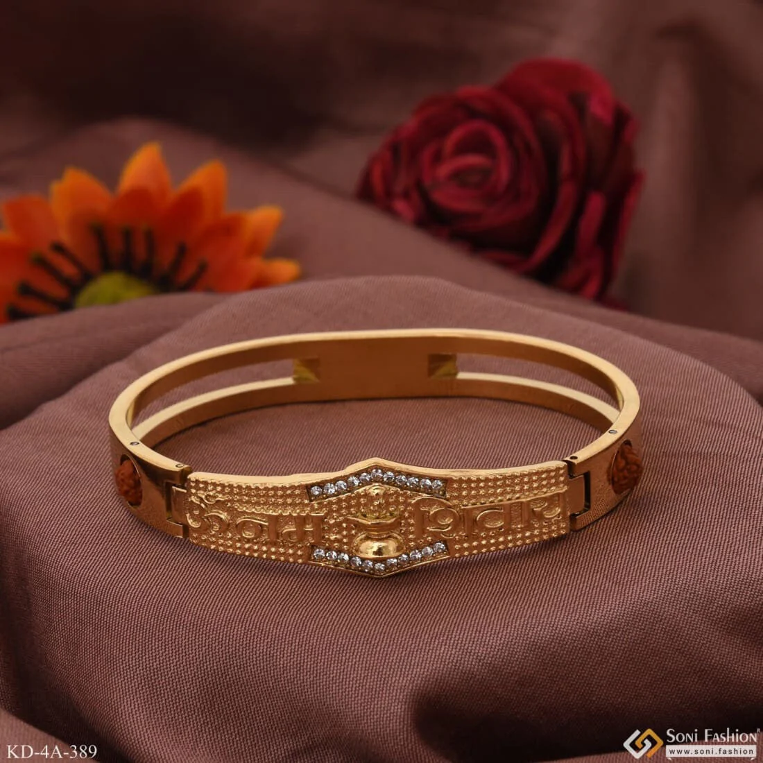 Om Namhh Shivay With Diamond Graceful Design Gold Plated Kada - Style A389 - Image 4