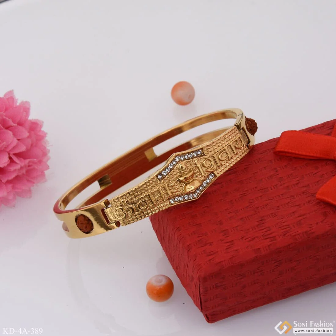 Om Namhh Shivay With Diamond Graceful Design Gold Plated Kada - Style A389 - Image 5