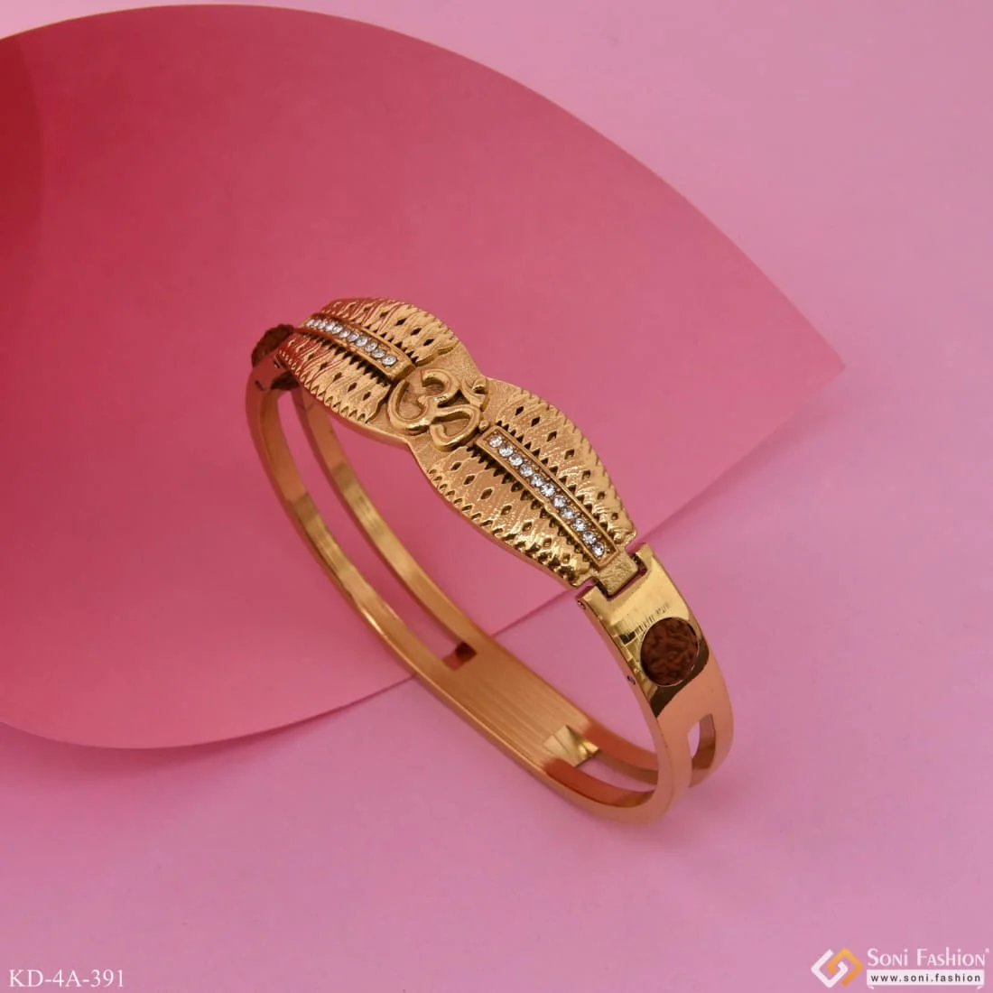 Om with Diamond Superior Quality Hand-Finished Design Gold Plated Kada - Style A391 - Image 2