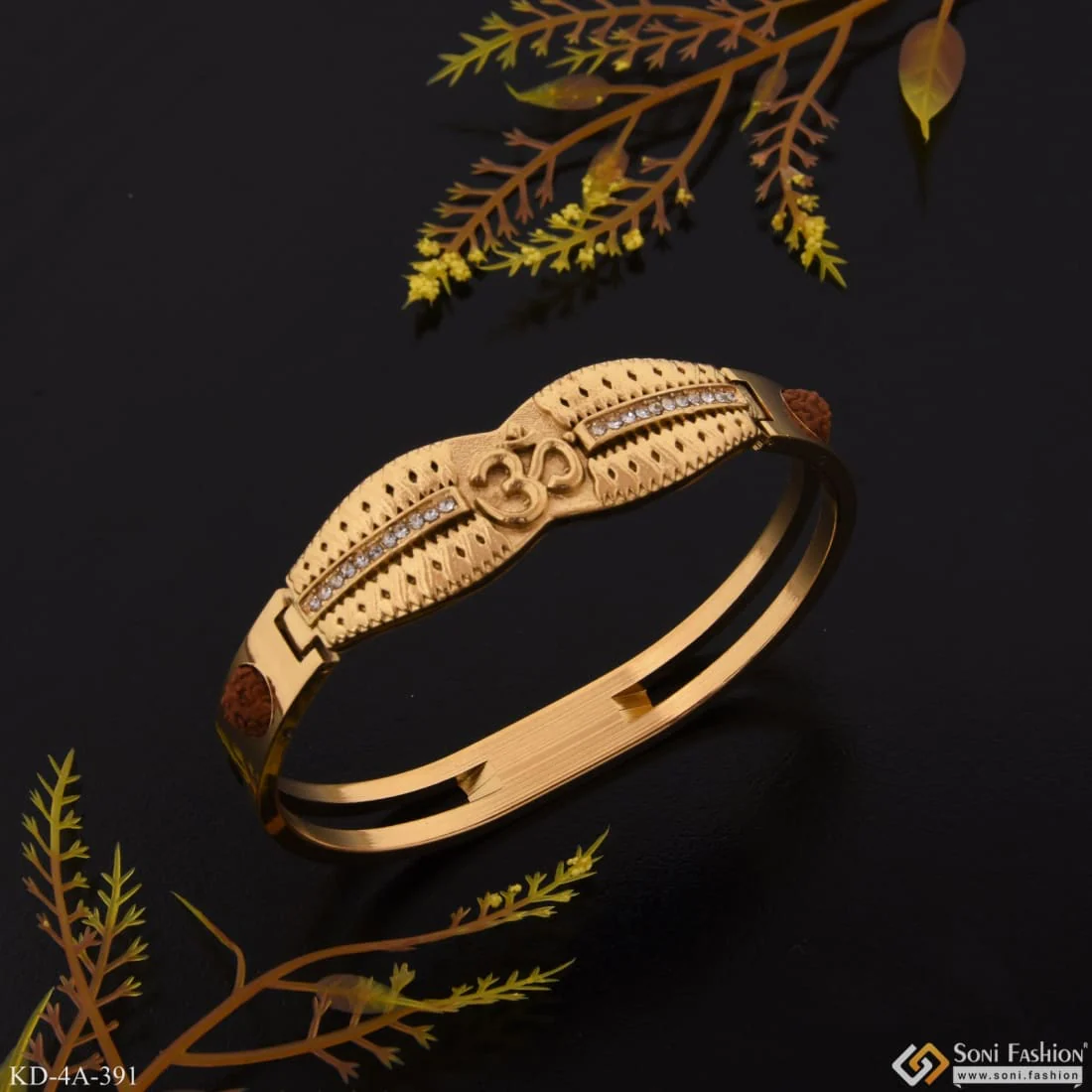 Om with Diamond Superior Quality Hand-Finished Design Gold Plated Kada - Style A391 - Image 3