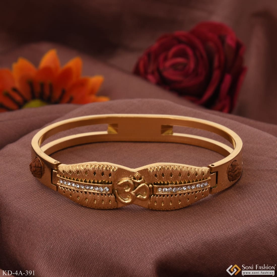 Om with Diamond Superior Quality Hand-Finished Design Gold Plated Kada - Style A391 - Image 4