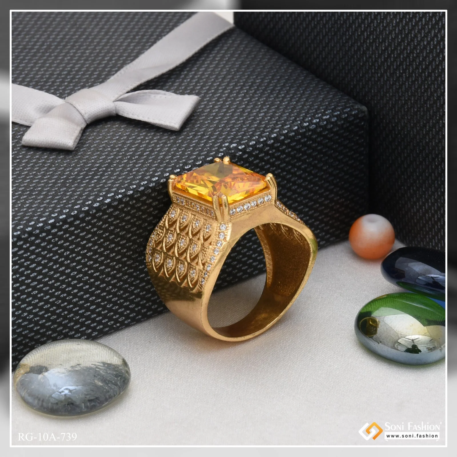 Orange Stone with Diamond Glittering Design Gold Plated Ring for Men - Style A739 - Image 2