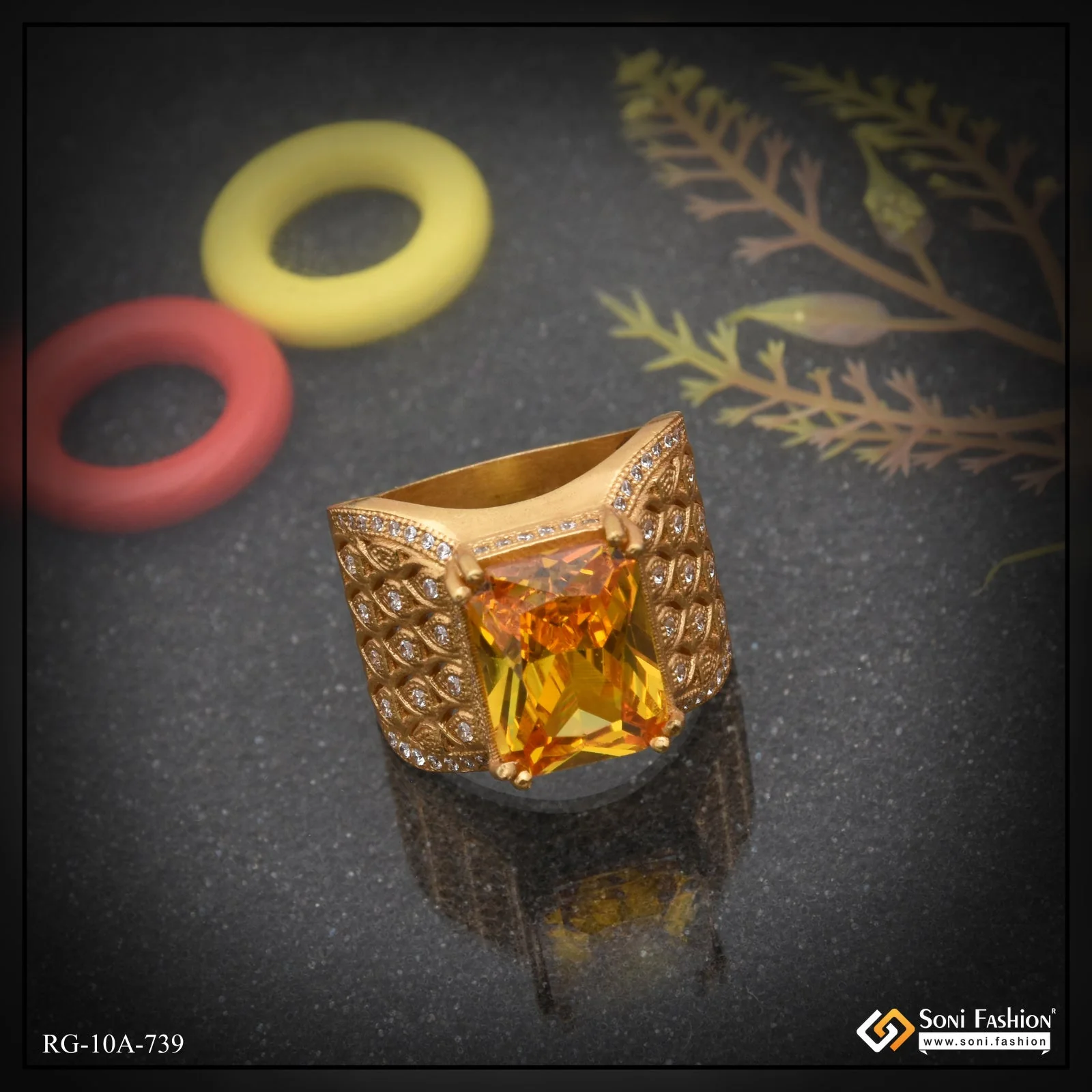 Orange Stone with Diamond Glittering Design Gold Plated Ring for Men - Style A739 - Image 5