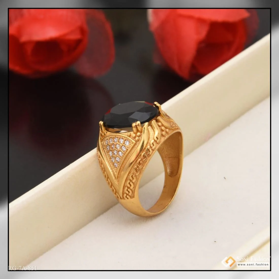 Owal Shape Black Stone With Diamond Best Quality Gold Plated Ring - Style A851 - Image 3