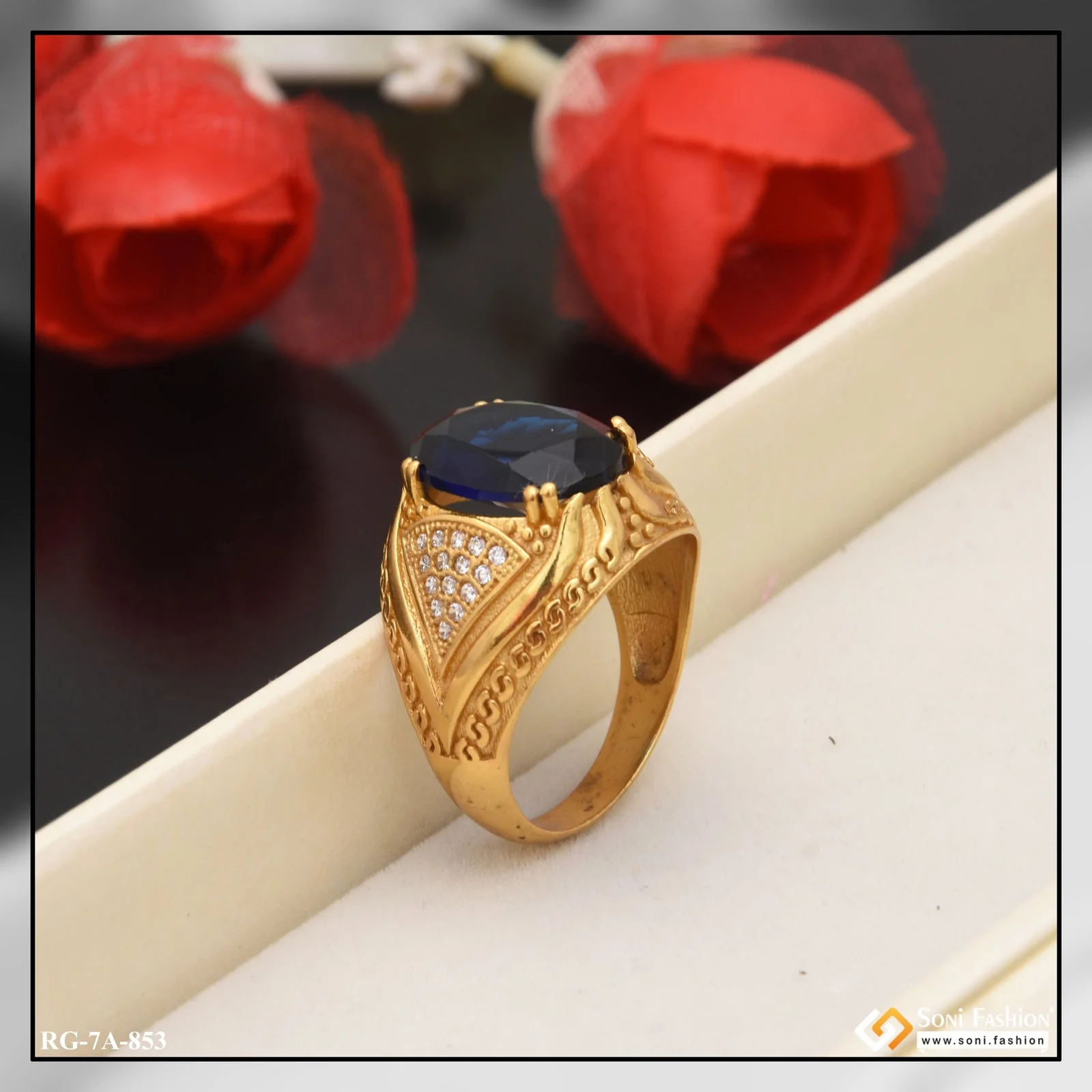 Owal Shape Blue Stone With Diamond Funky Design Gold Plated Ring For Men - Style A853 - Image 3