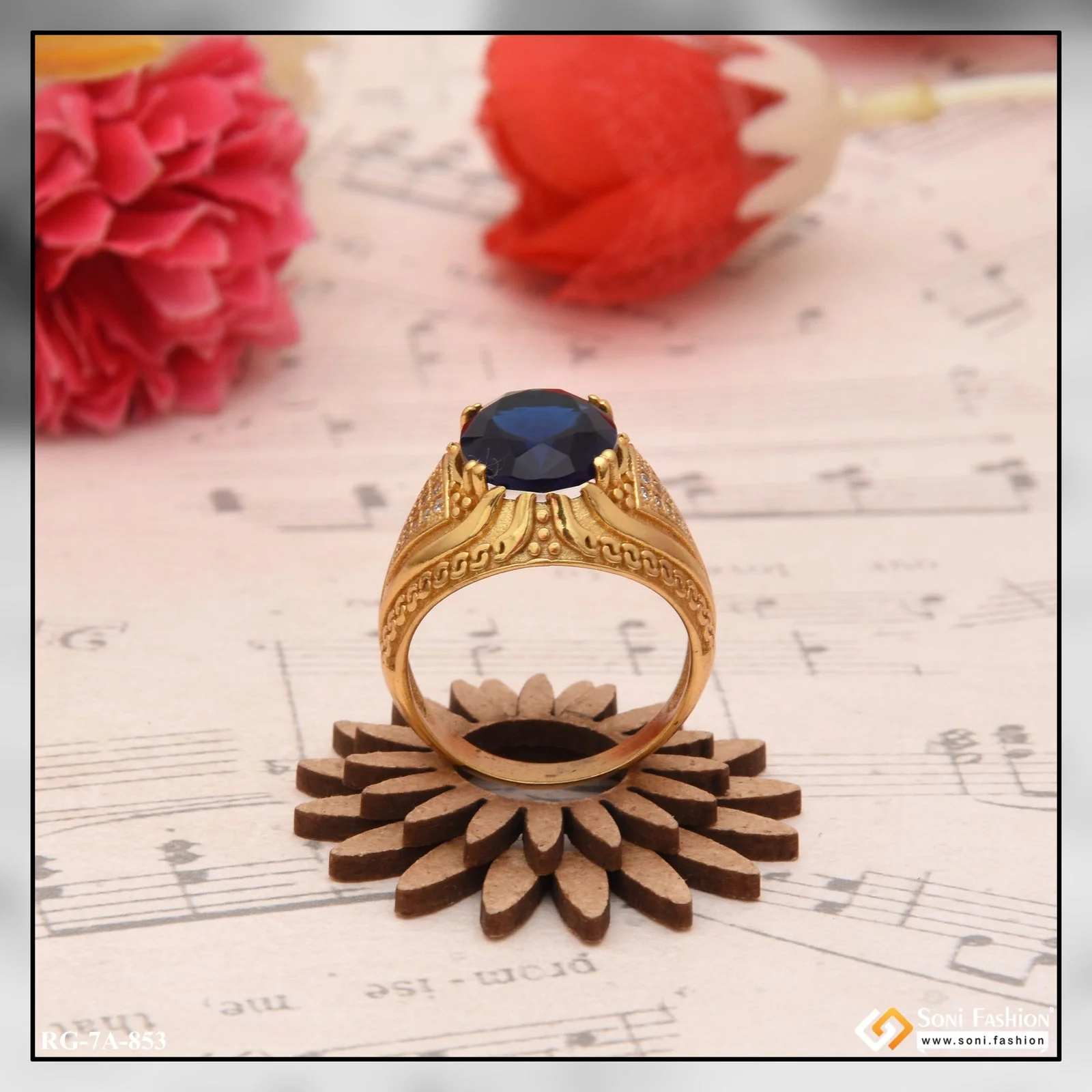 Owal Shape Blue Stone With Diamond Funky Design Gold Plated Ring For Men - Style A853 - Image 4