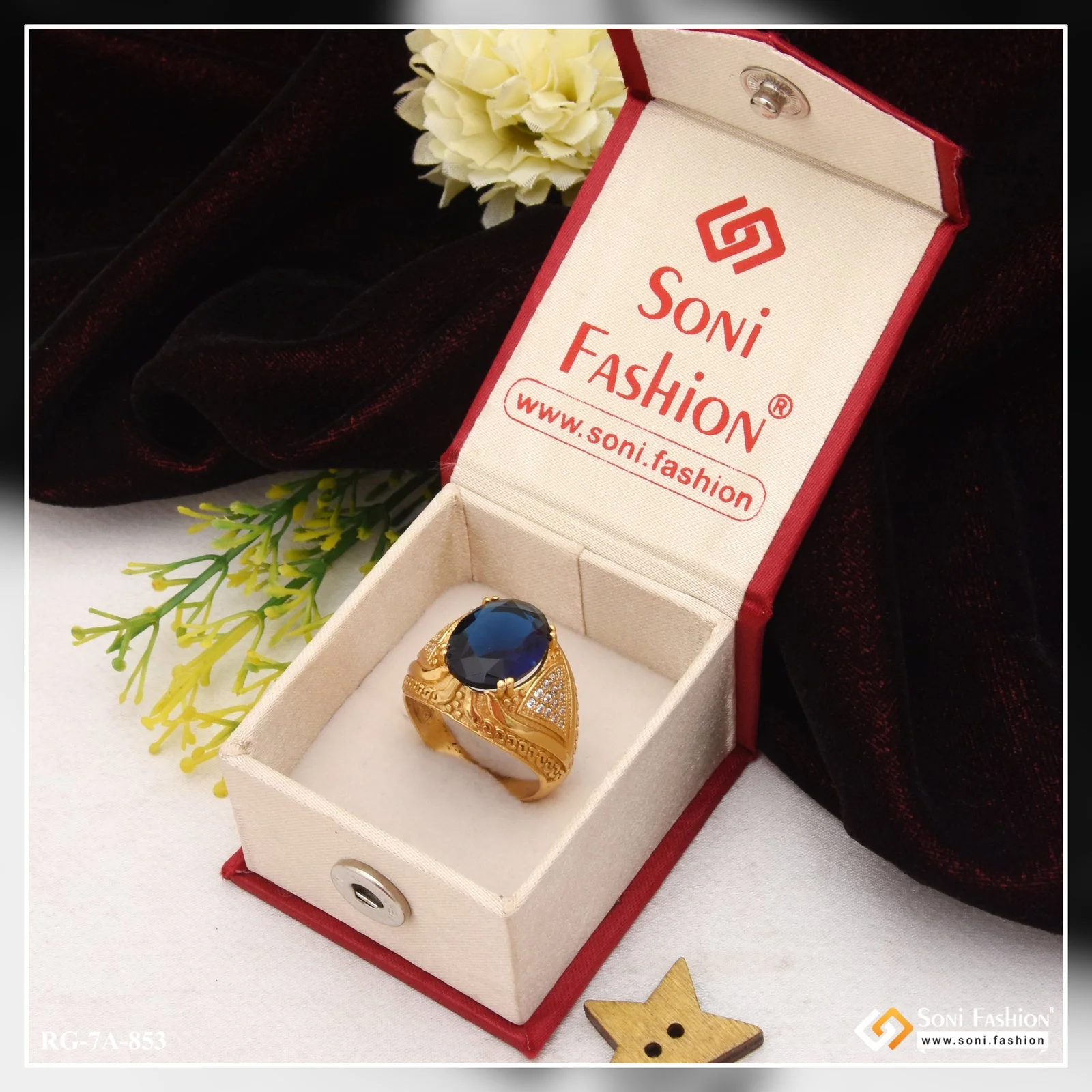 Owal Shape Blue Stone With Diamond Funky Design Gold Plated Ring For Men - Style A853 - Image 5