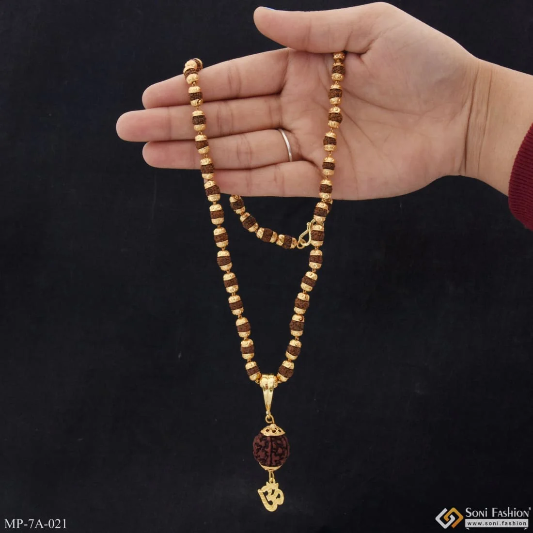 Om With Paro Fancy Design Gold Plated Rudraksha Mala With Pendant - Style A021 - Image 3
