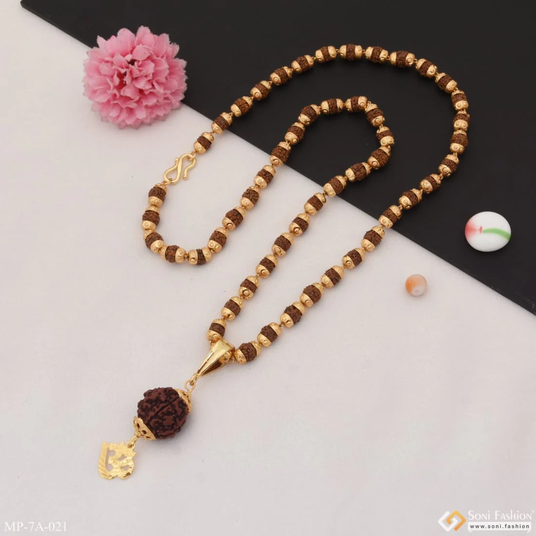 Om With Paro Fancy Design Gold Plated Rudraksha Mala With Pendant - Style A021 - Image 5