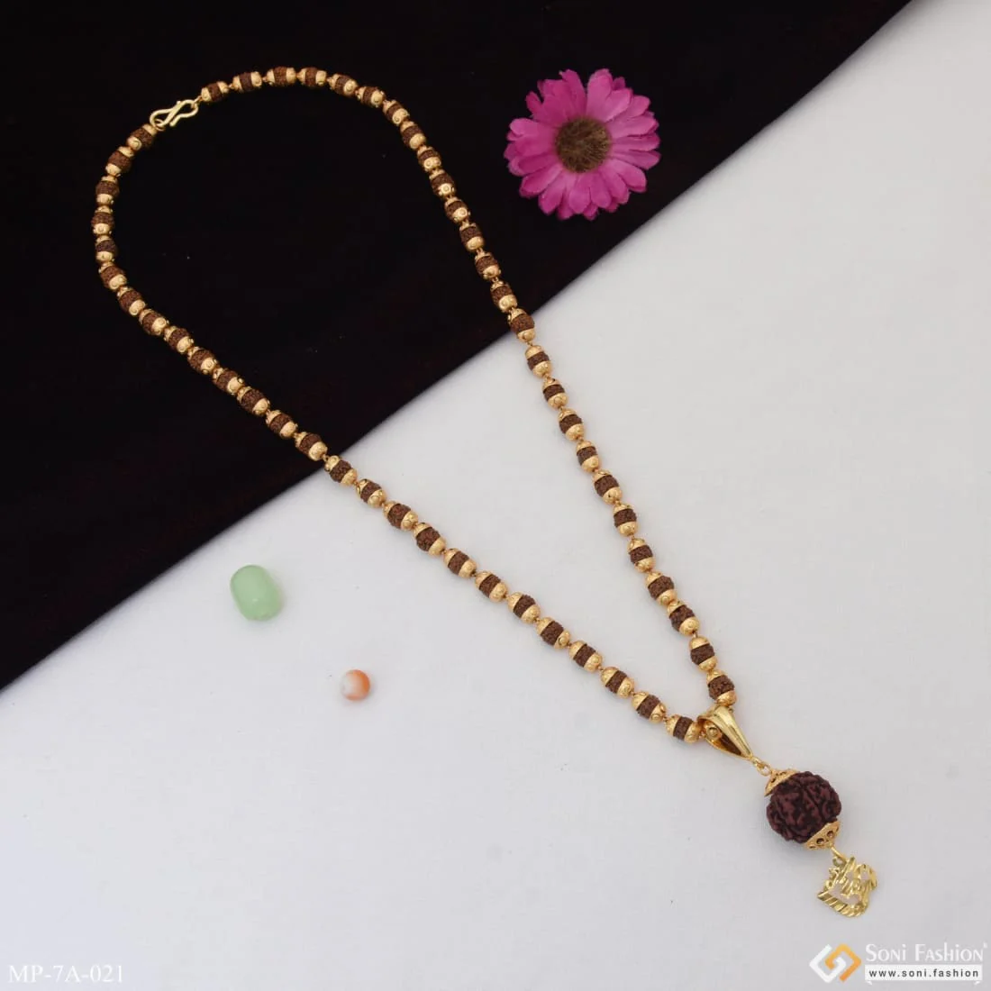 Om With Paro Fancy Design Gold Plated Rudraksha Mala With Pendant - Style A021 - Image 6