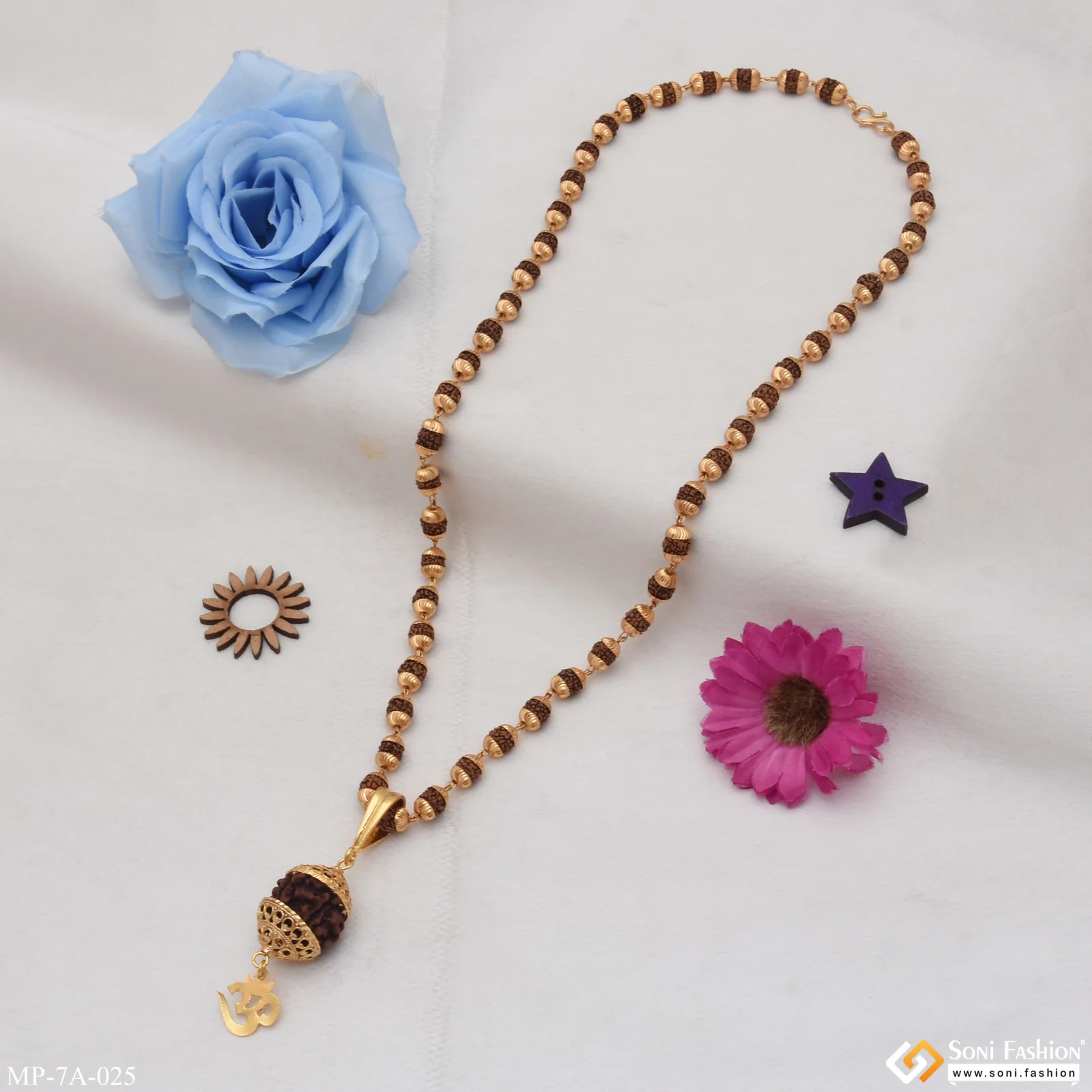 Om With Paro Fashionable Design Gold Plated Rudraksha Mala With Pendant - Style A025 - Image 6