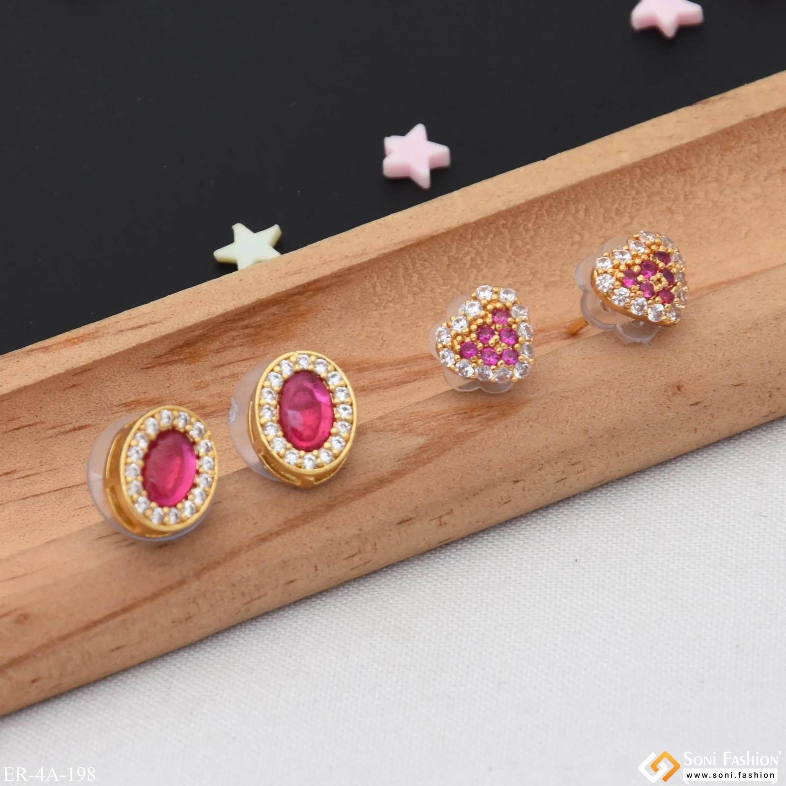 Pink Diamonds Gold Plated Two Stud Earrings Set for Ladies - Style A198 - Image 5