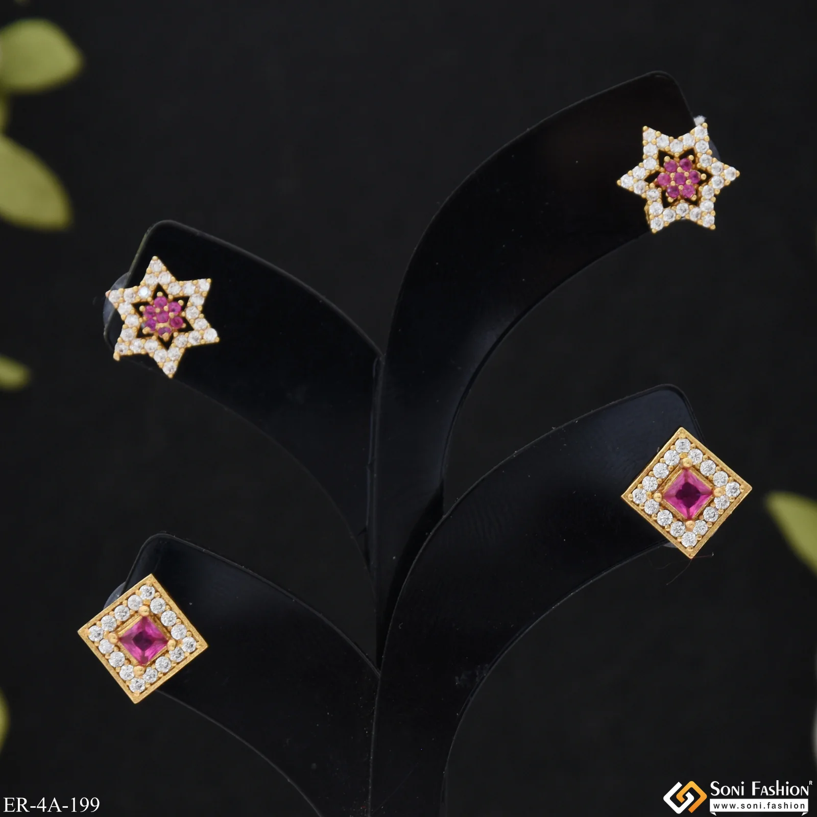 Pink Diamonds Gold Plated Two Stud Earrings Set for Ladies - Style A199 - Image 3