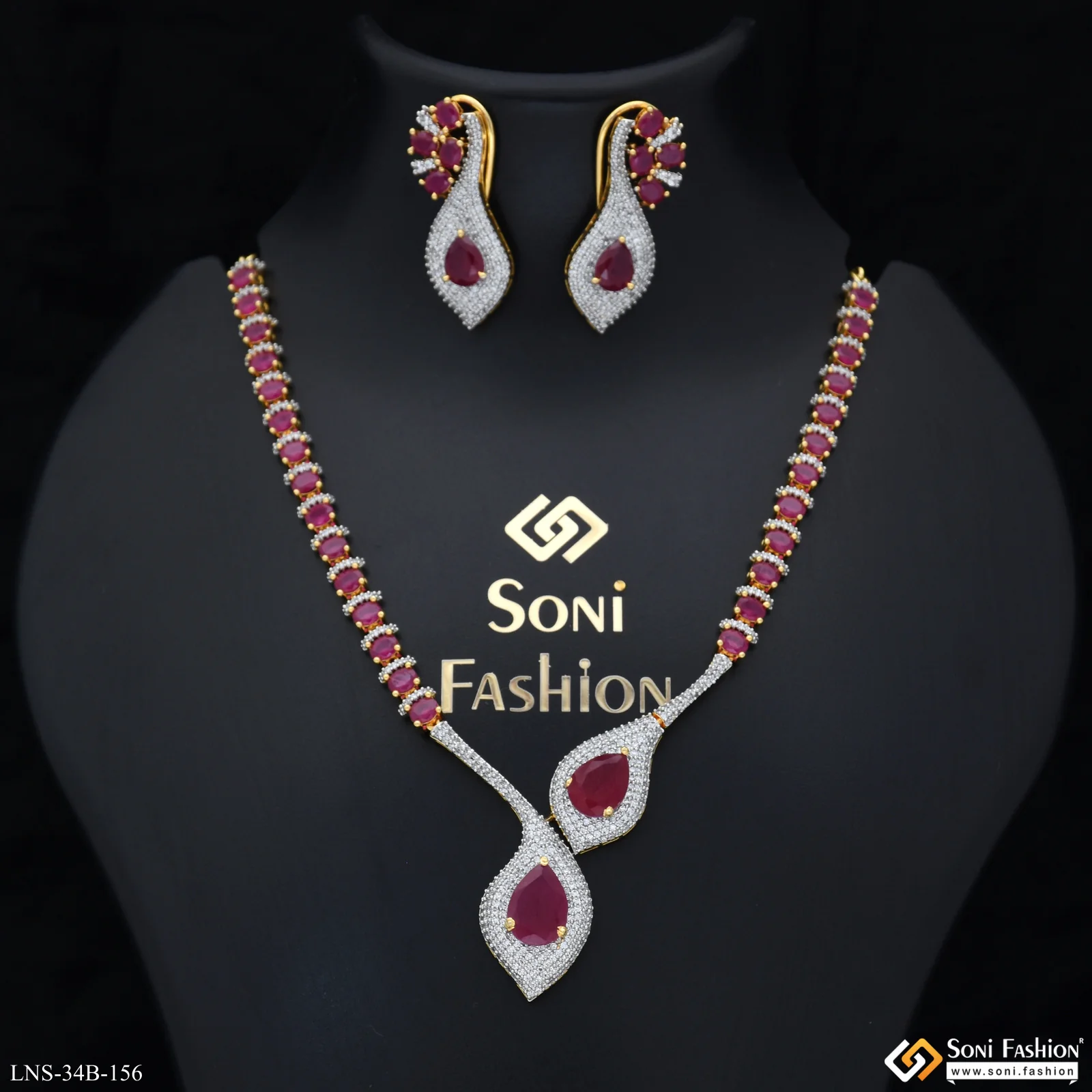 Pink Stone Gold Plated Diamond Necklace Set for Ladies - Style B156