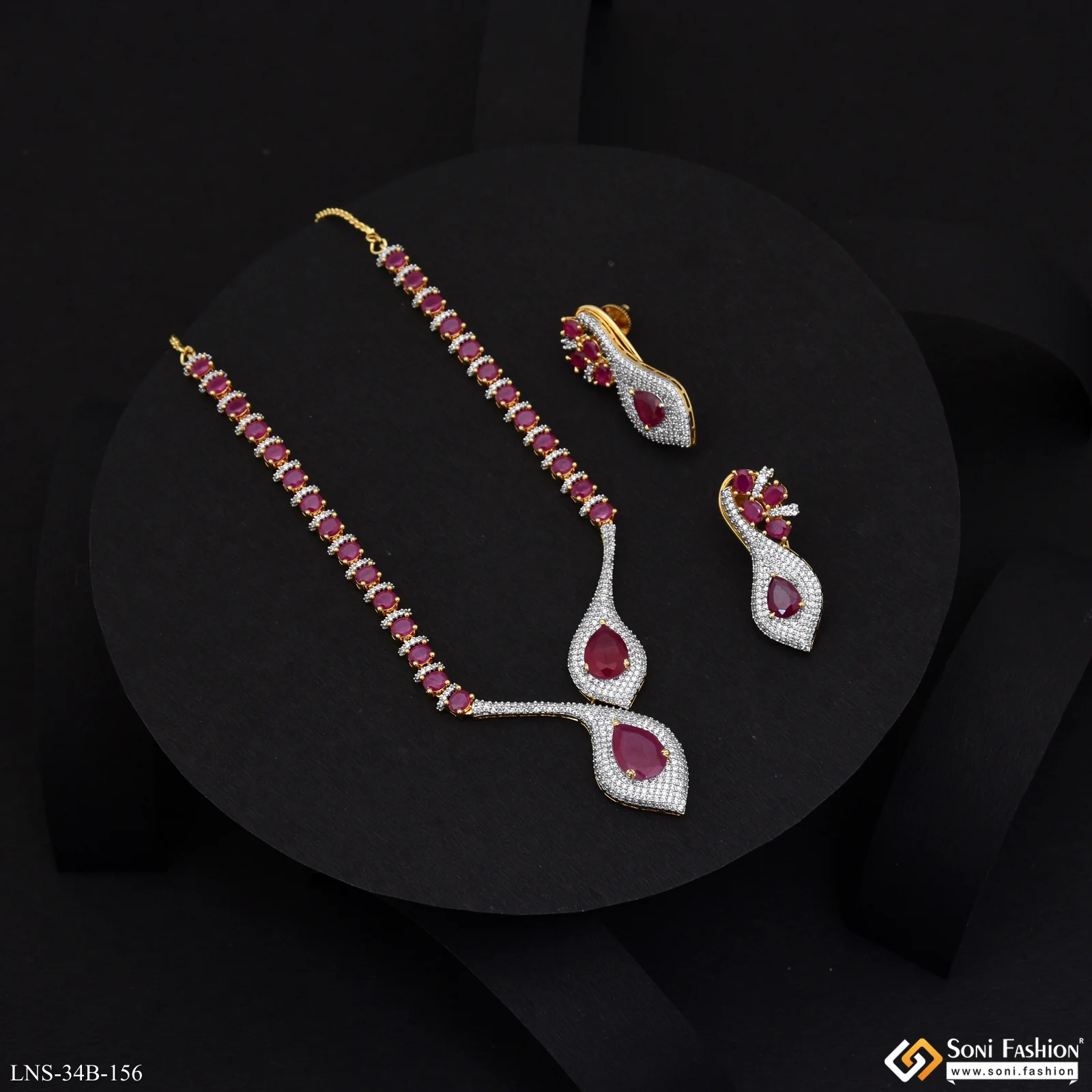 Pink Stone Gold Plated Diamond Necklace Set for Ladies - Style B156 - Image 2