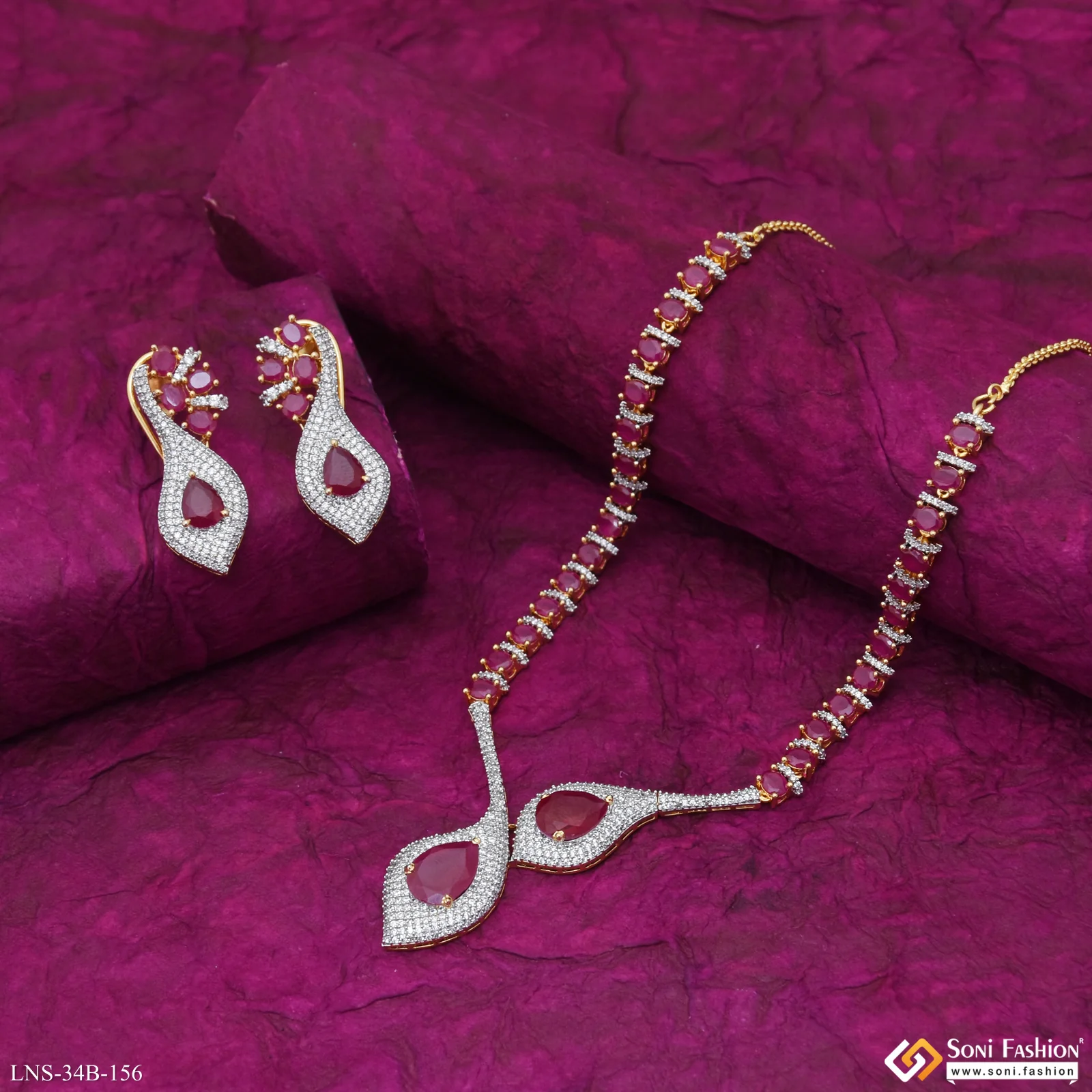 Pink Stone Gold Plated Diamond Necklace Set for Ladies - Style B156 - Image 3