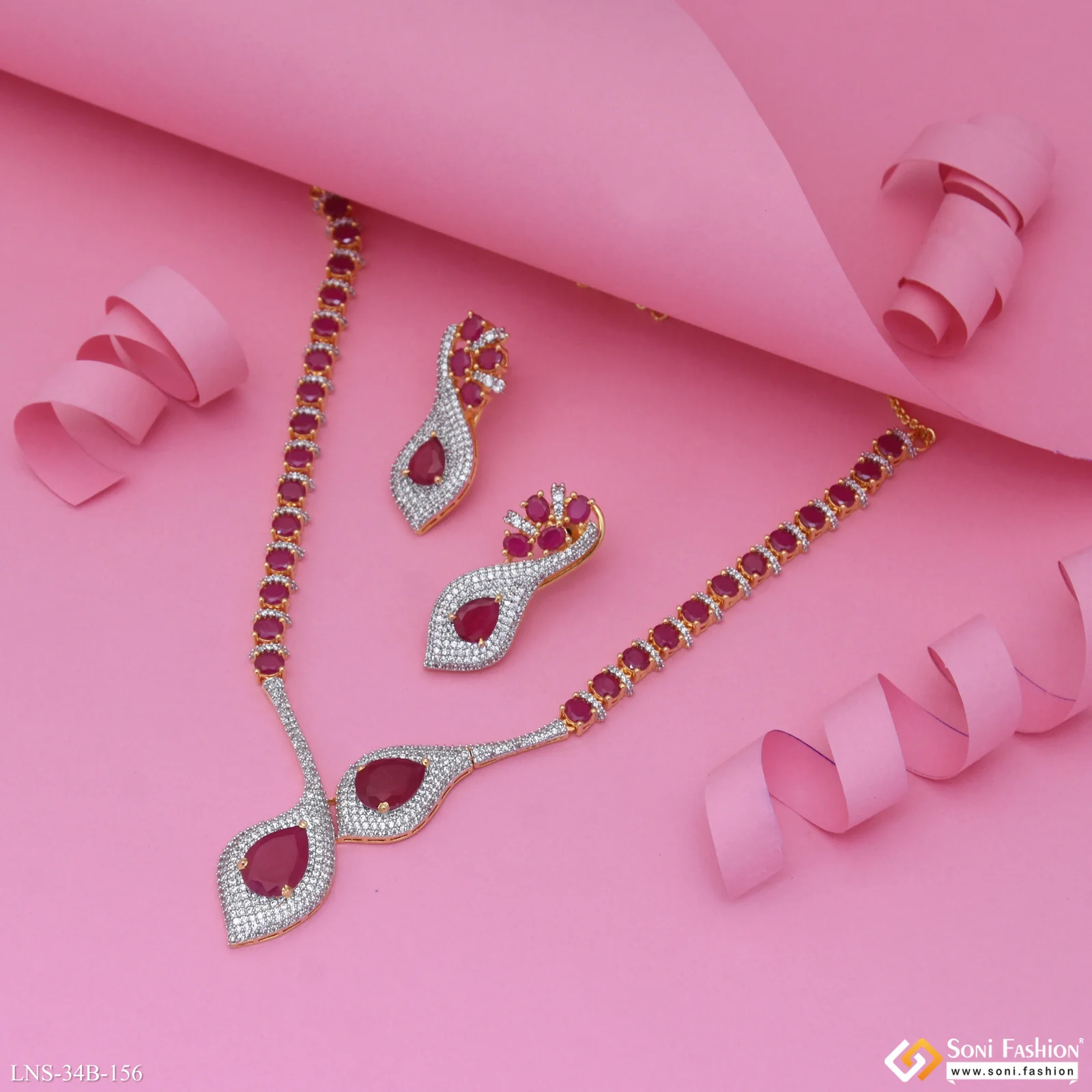 Pink Stone Gold Plated Diamond Necklace Set for Ladies - Style B156 - Image 4
