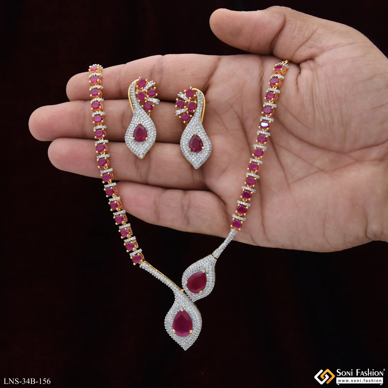 Pink Stone Gold Plated Diamond Necklace Set for Ladies - Style B156 - Image 5