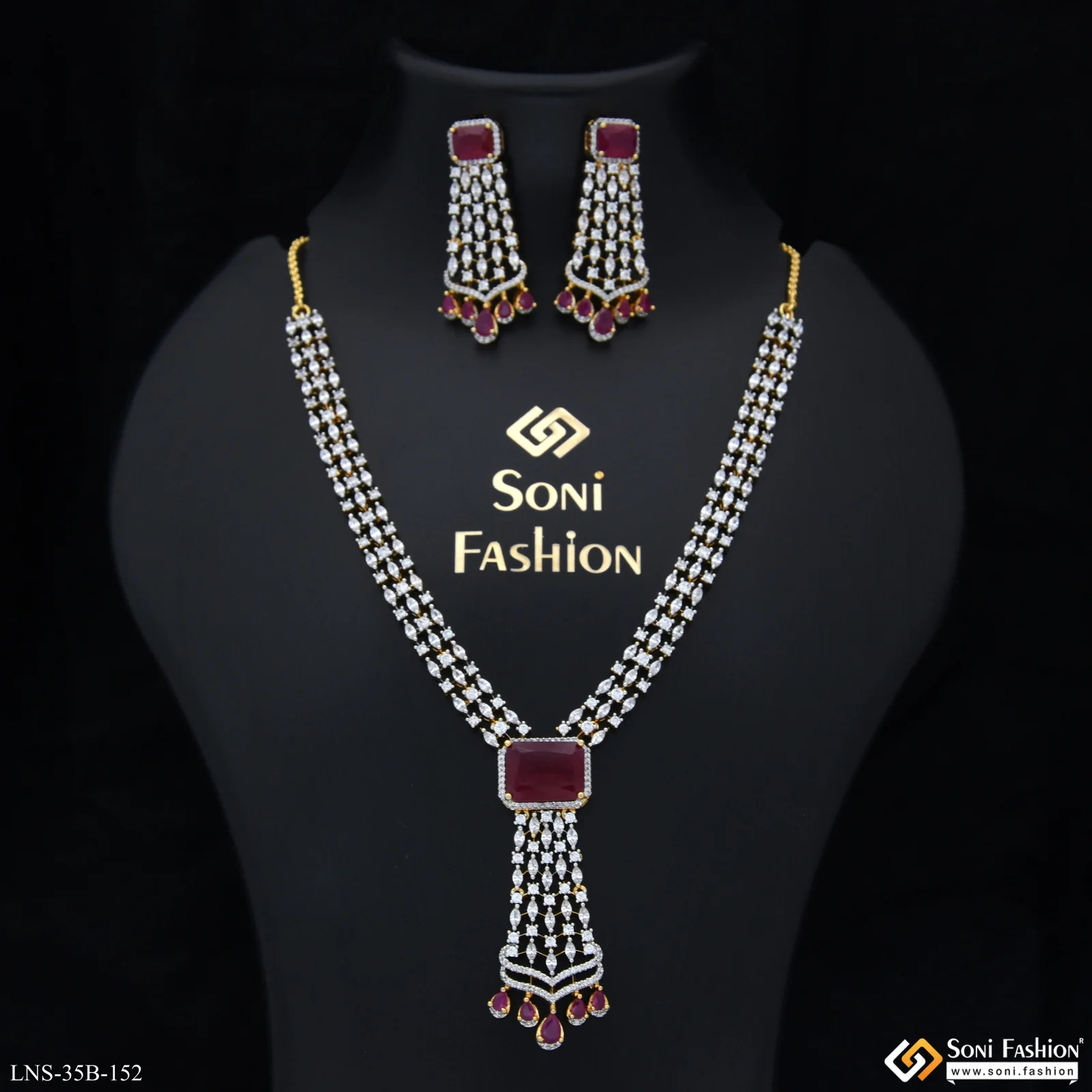Pink Stone New Style Gold Plated Diamond Necklace Set for Ladies - Style B152