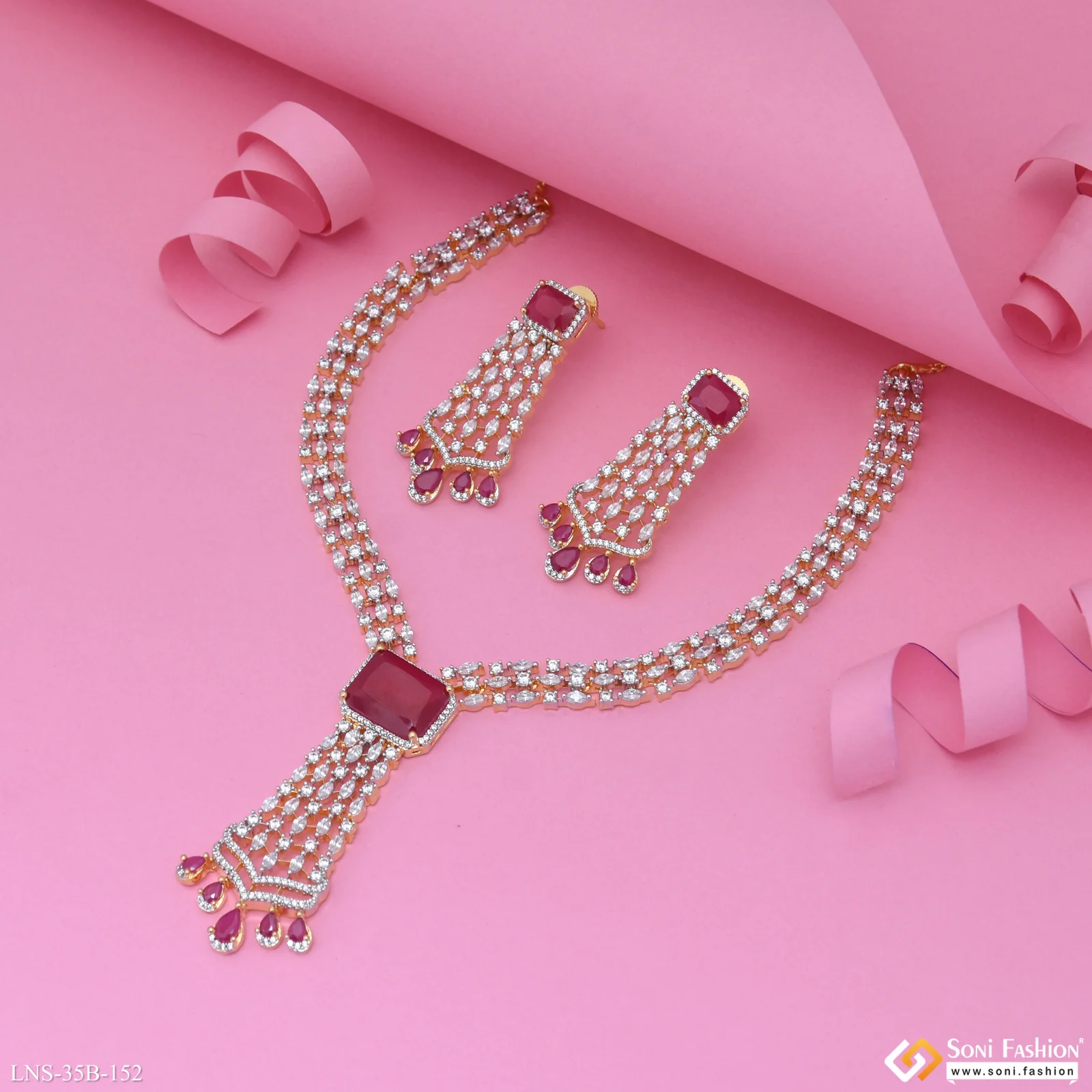 Pink Stone New Style Gold Plated Diamond Necklace Set for Ladies - Style B152 - Image 3