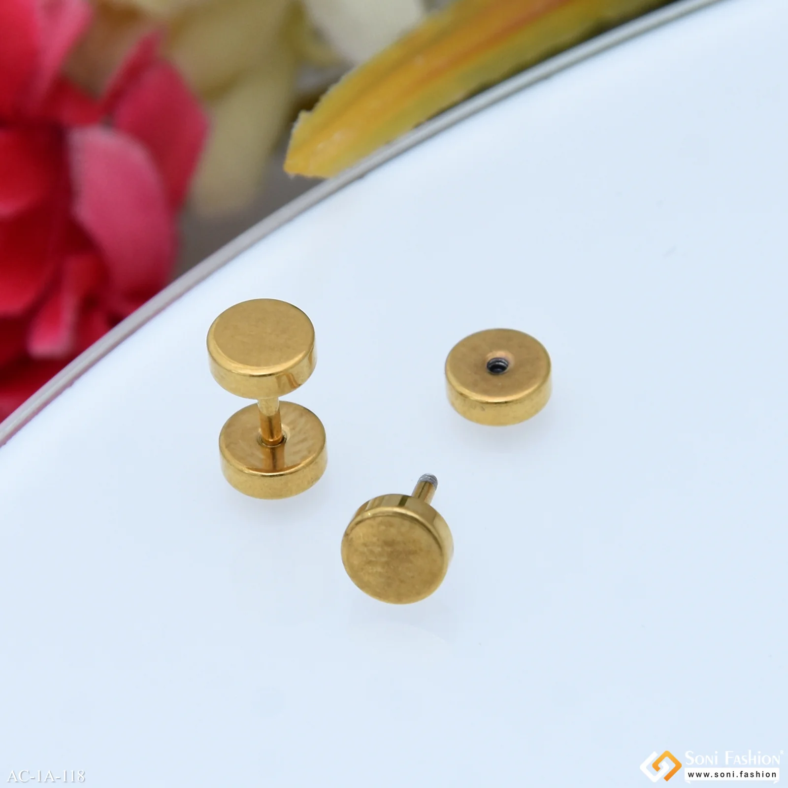 Plain Round Shape Golden Color Stud Earring For Men (2 Pc) - Style A118 - Image 3
