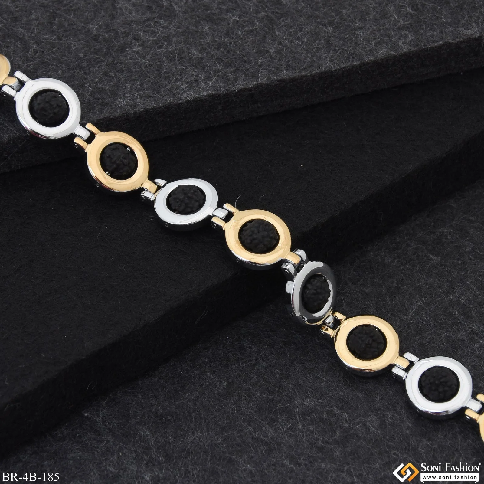 Premium Gold Plated Dual Silver Golden Color Round Bracelet With Rudraksha - Style A731 - Image 3