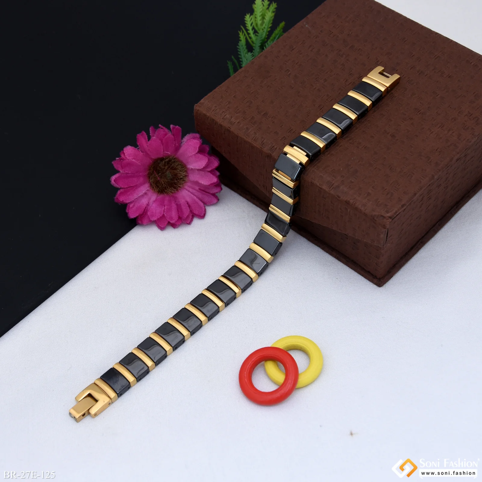 Prominent Design Black & Golden Color Ceramic Bracelet for Men - Style E125 - Image 5