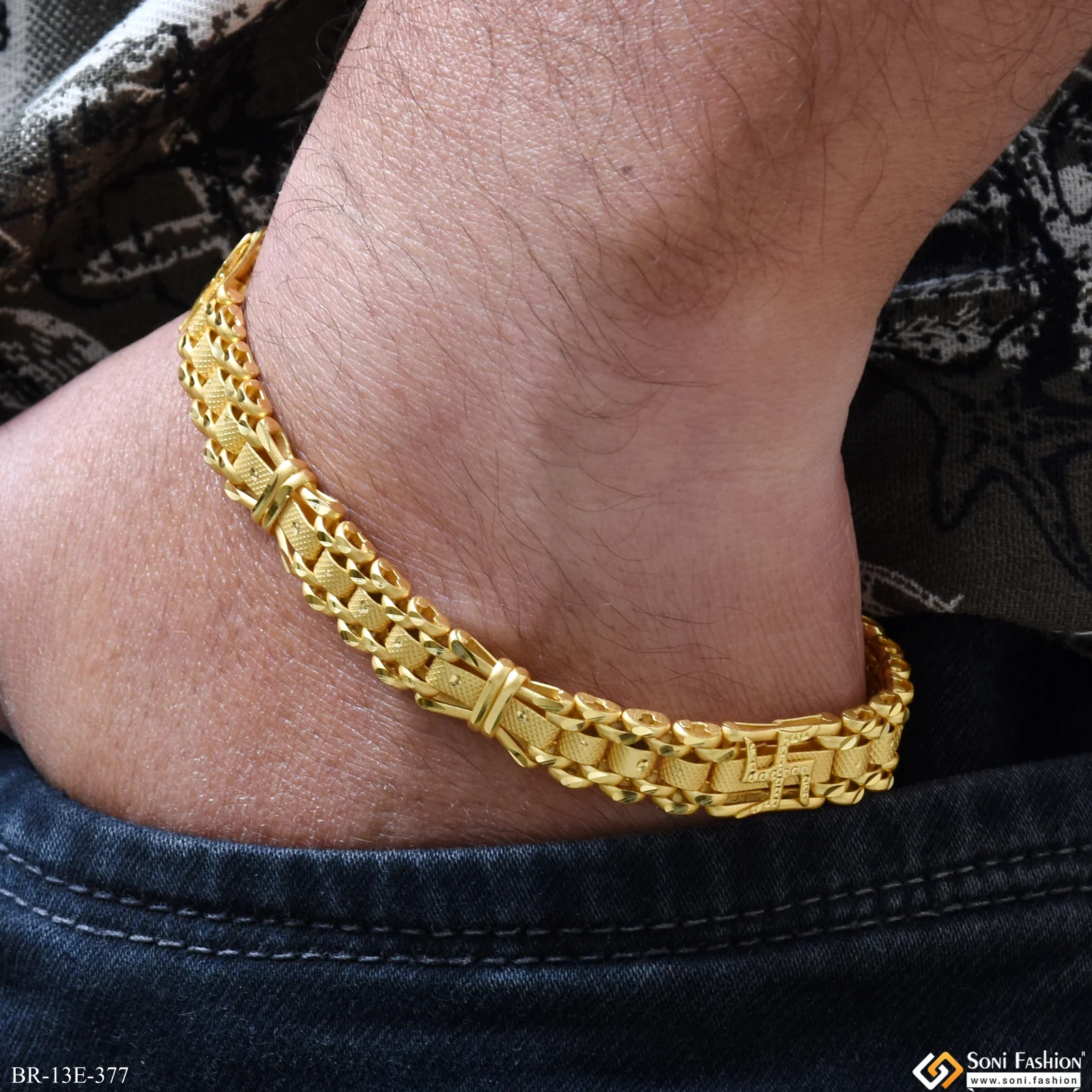 Swastik Design Prominent Gold Plated Bracelet for Men- style E377