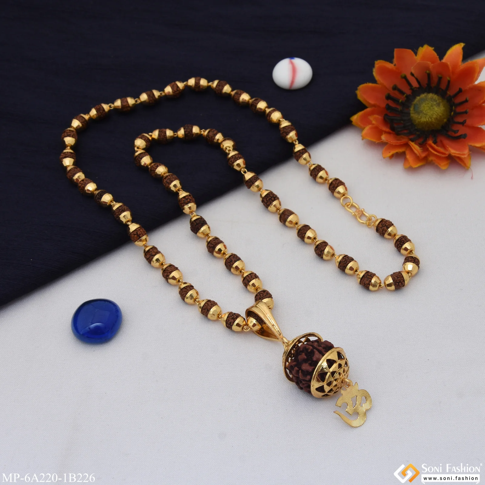 Prominent Design Gold Plated Rudraksha Mala with Pendant for Men (MP-A220-B226) - Image 2
