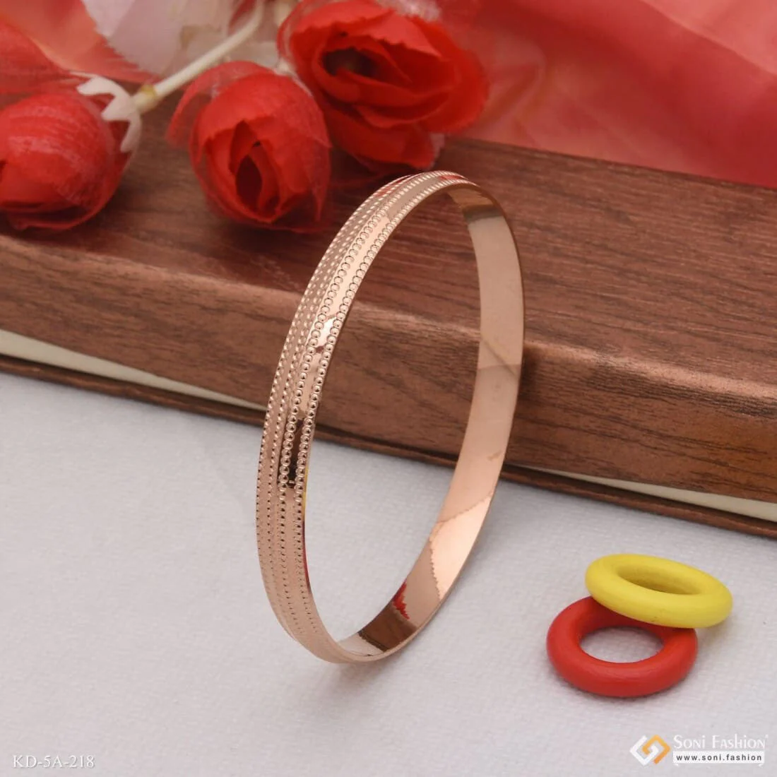 Punjabi Rose Gold Plated Kada With Double Lines Round Border - 8mm - Style A218 - Image 4