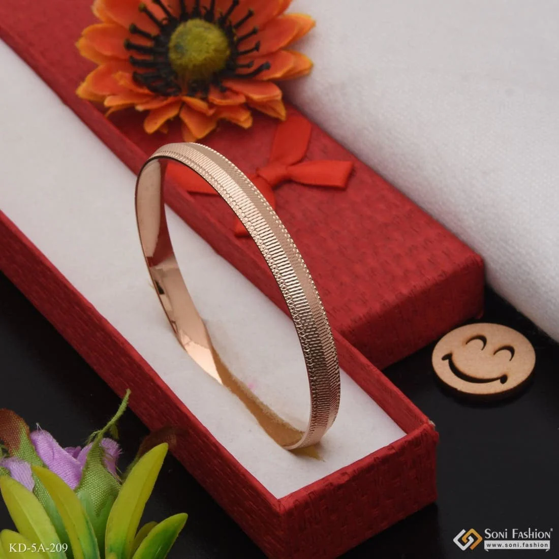 Punjabi Rose Gold Plated Kada with Line - Round Border for Men - 7MM - Style A209 - Image 5