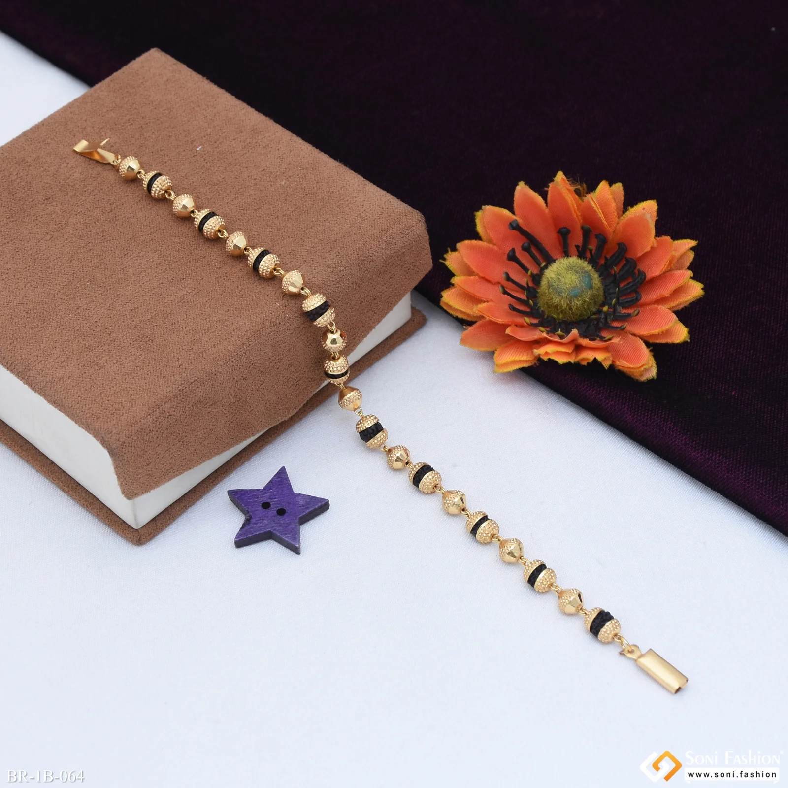 Rakhi - Golden Ball With Bead Gold Plated Rudraksha Bracelet - Style B064 - Image 3