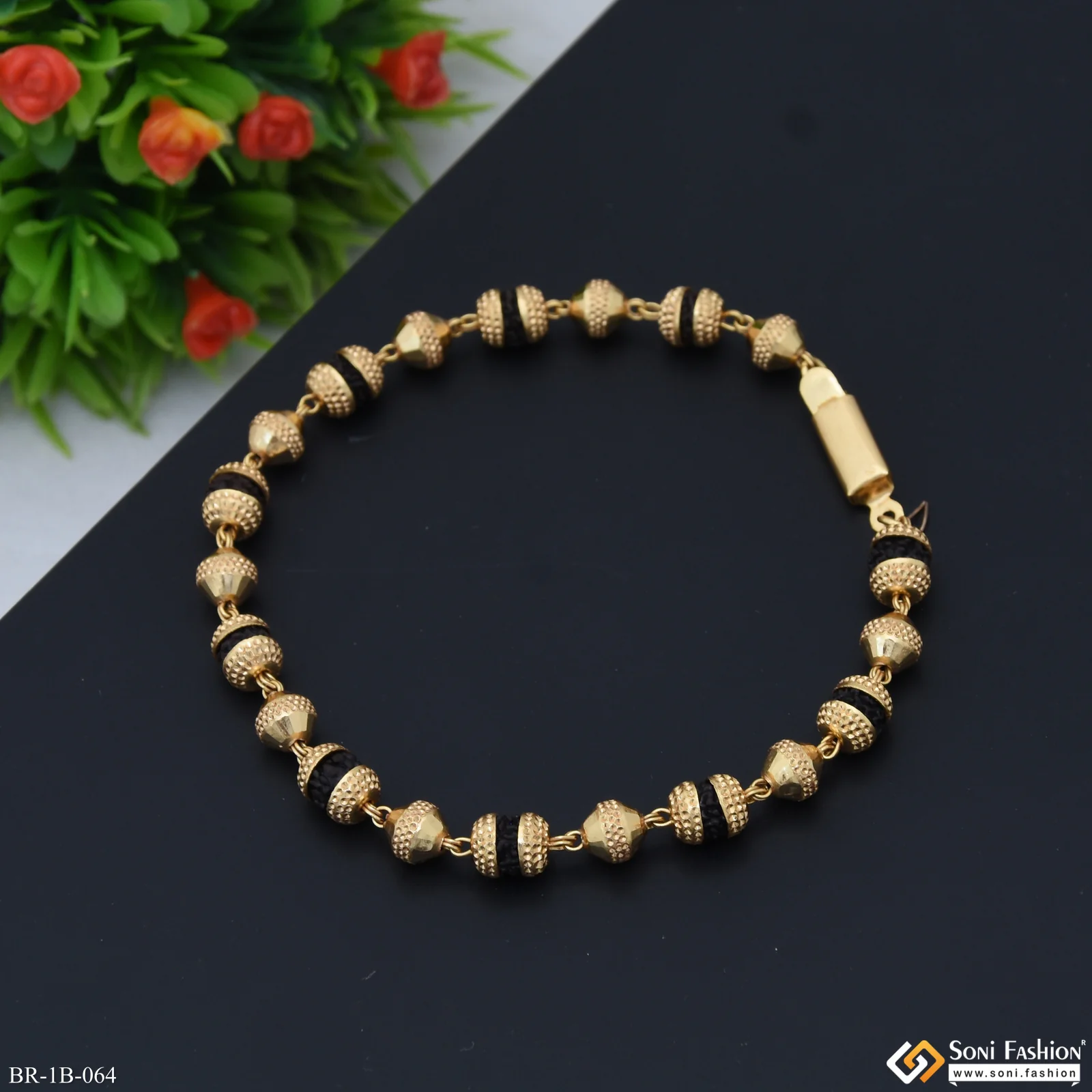 Rakhi - Golden Ball With Bead Gold Plated Rudraksha Bracelet - Style B064 - Image 4