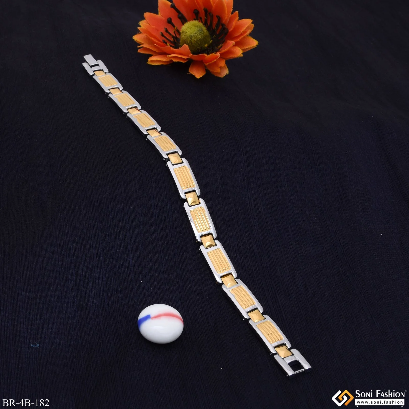 Rectangle Linked Dual Colour Design Golden & Silver Bracelet For Men - Style B182 - Image 3