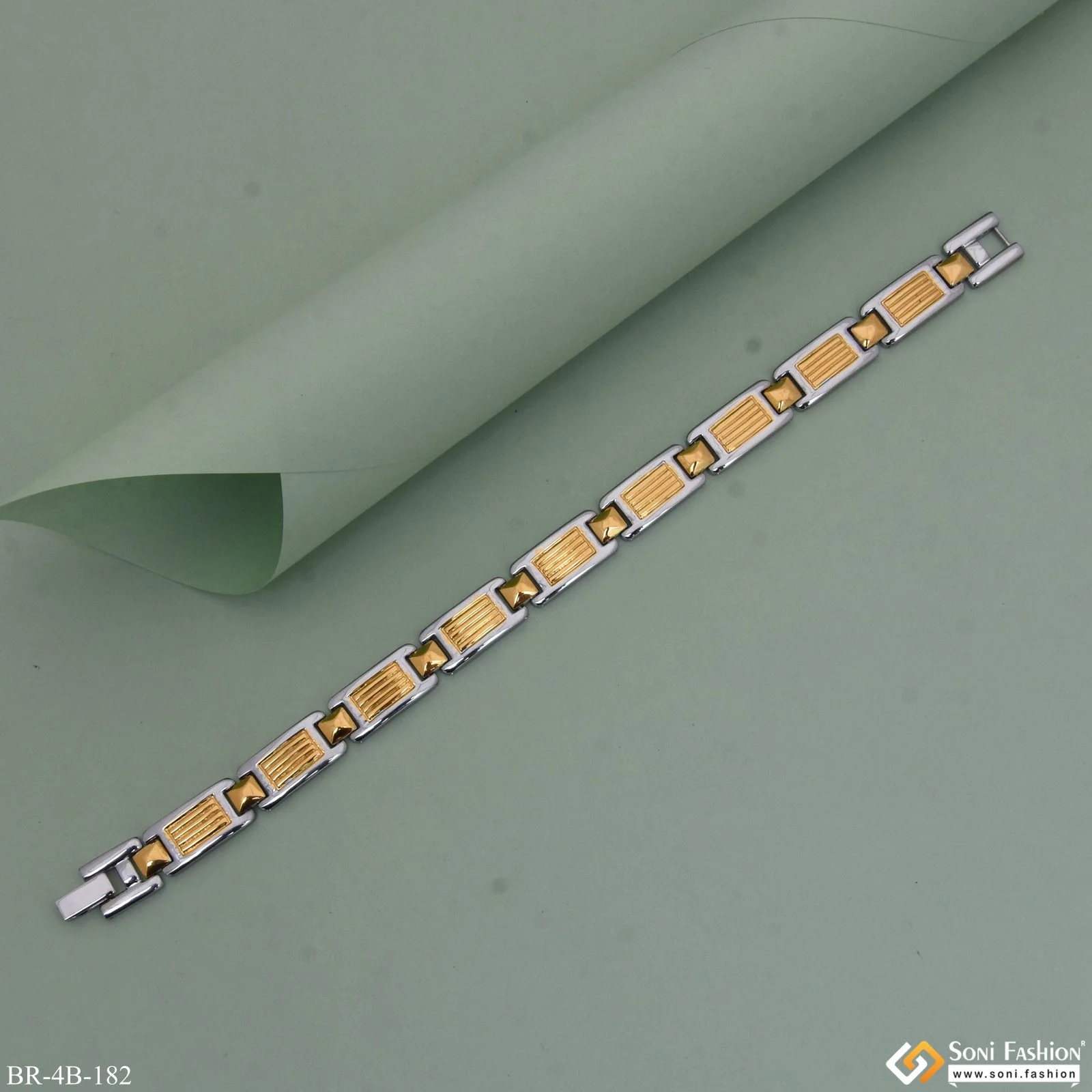 Rectangle Linked Dual Colour Design Golden & Silver Bracelet For Men - Style B182 - Image 4