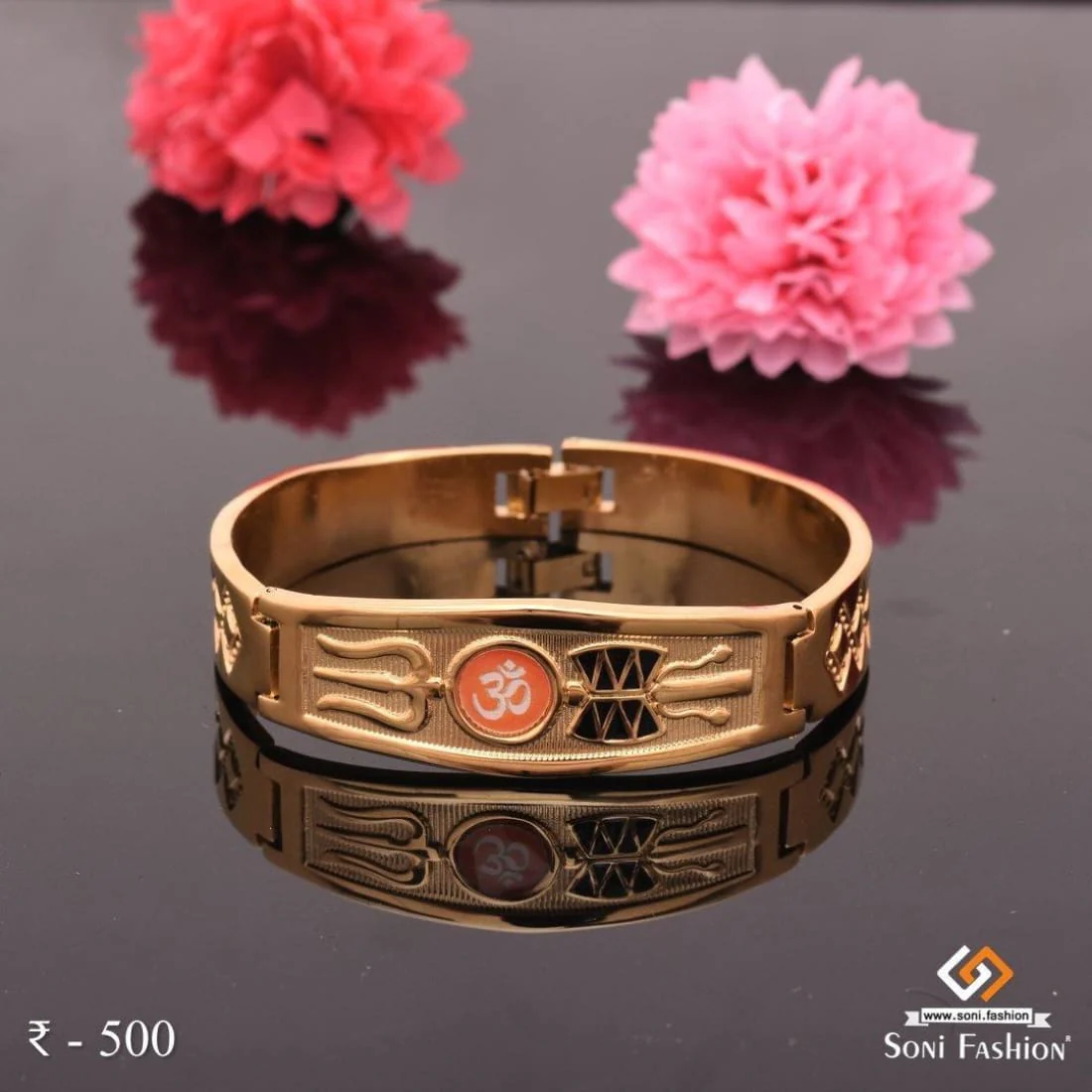 Red Om in Trishul Superior Quality Unique Design Gold Plated Bracelet Kada - Style A305 - Image 2