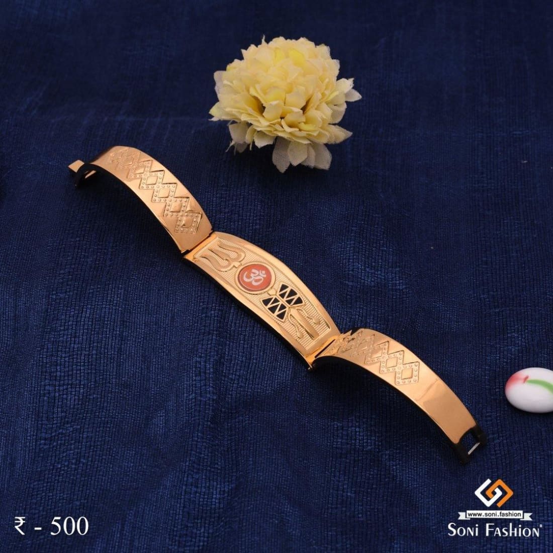 Red Om in Trishul Superior Quality Unique Design Gold Plated Bracelet Kada - Style A305 - Image 4