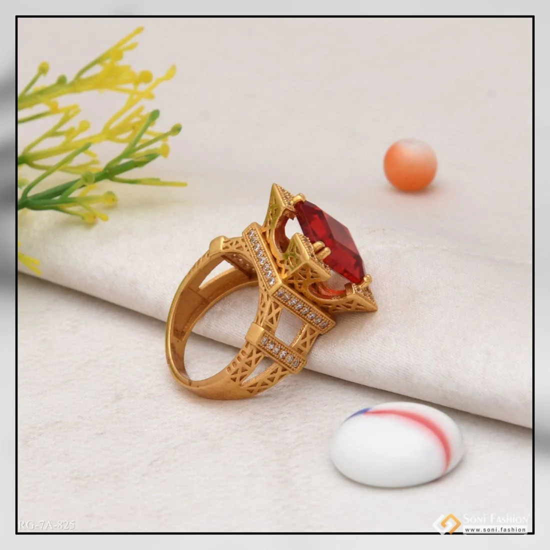 Red Stone Eiffel Tower Decorative Design Best Quality Gold Plated Ring - Style A825 - Image 3