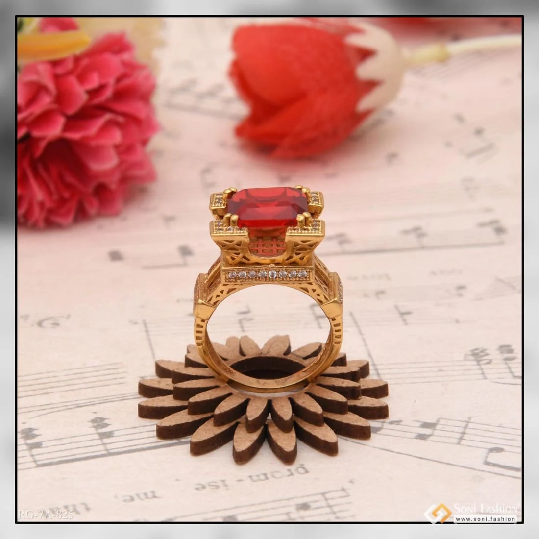 Red Stone Eiffel Tower Decorative Design Best Quality Gold Plated Ring - Style A825 - Image 4