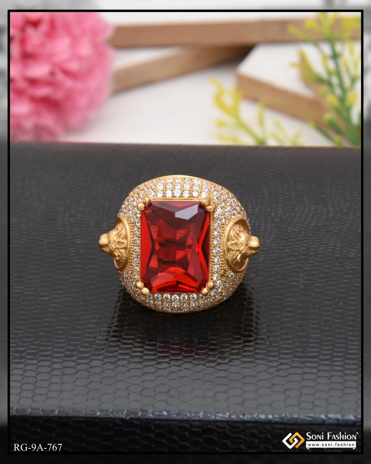 Red Stone with Diamond Chic Design Superior Quality Gold Plated Ring - Style A767 - Image 2