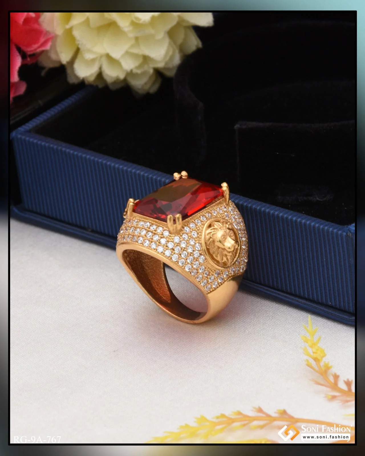 Red Stone with Diamond Chic Design Superior Quality Gold Plated Ring - Style A767 - Image 4