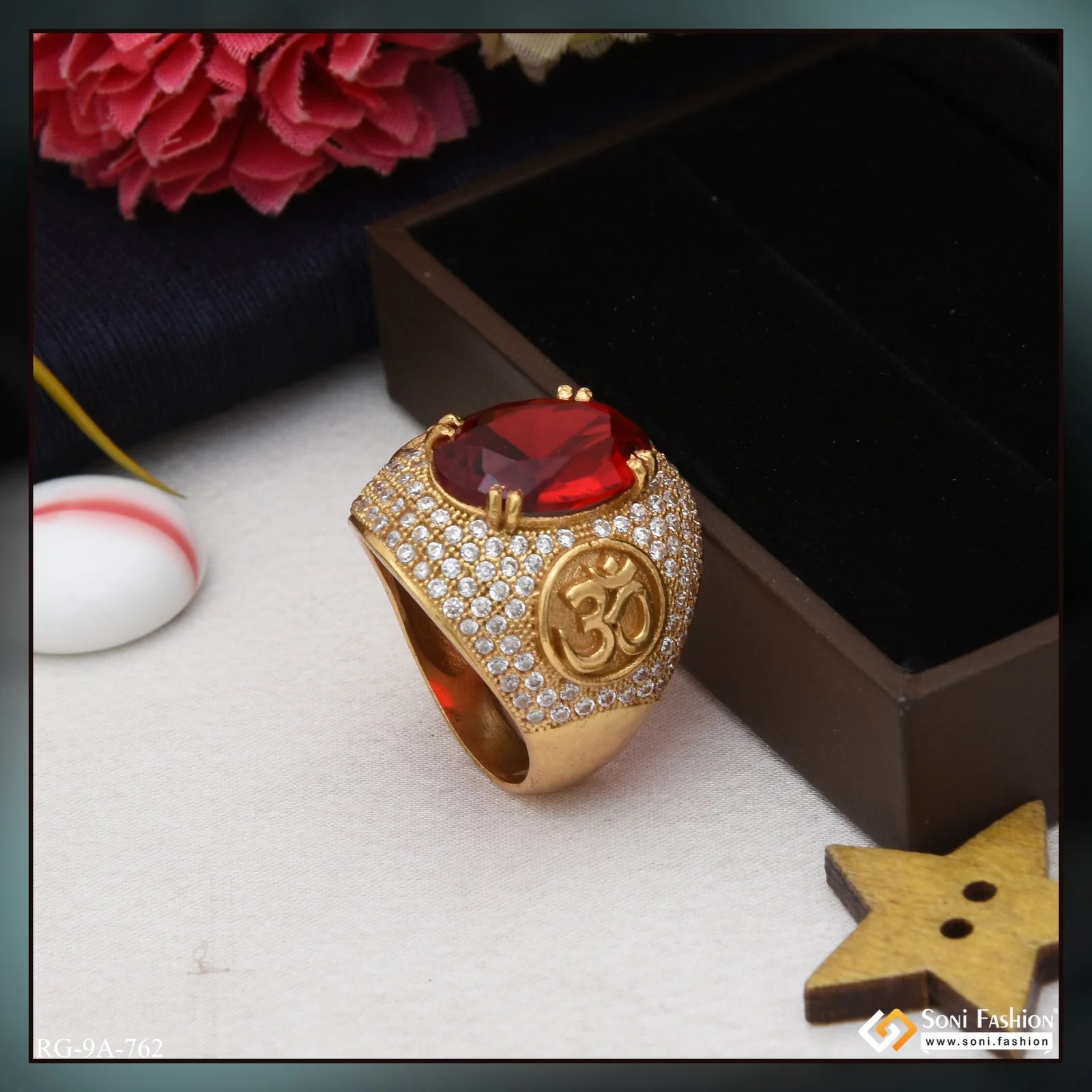 Red Stone with Diamond Decorative Design Best Quality Gold Plated Ring - Style A762 - Image 5